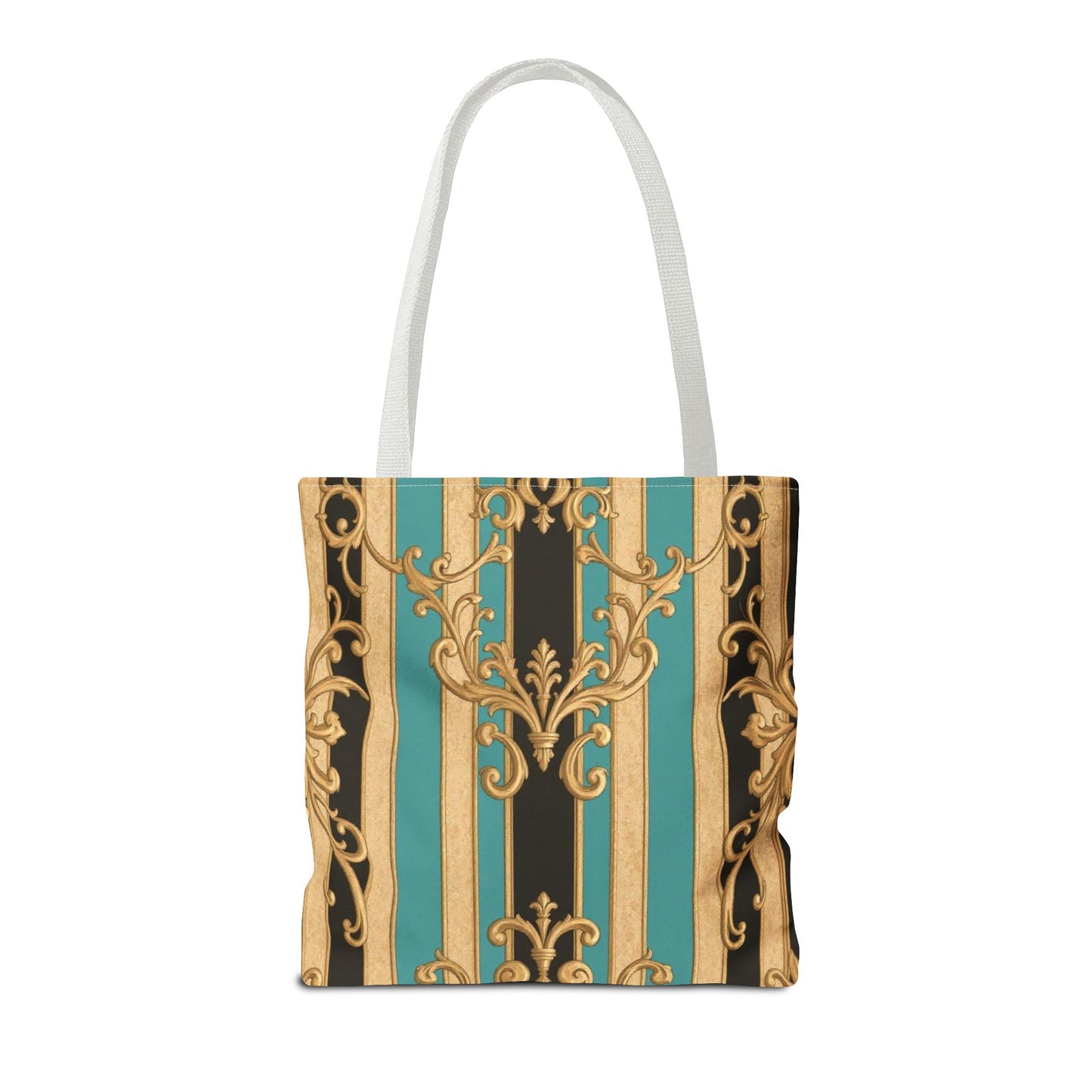 Elegant Black, Tan & Ocean Green Striped Gold Baroque Vintage Pattern Tote Bag, Stylish Carryall, Fashionable Handbag, Perfect Gift for Mother’s Day