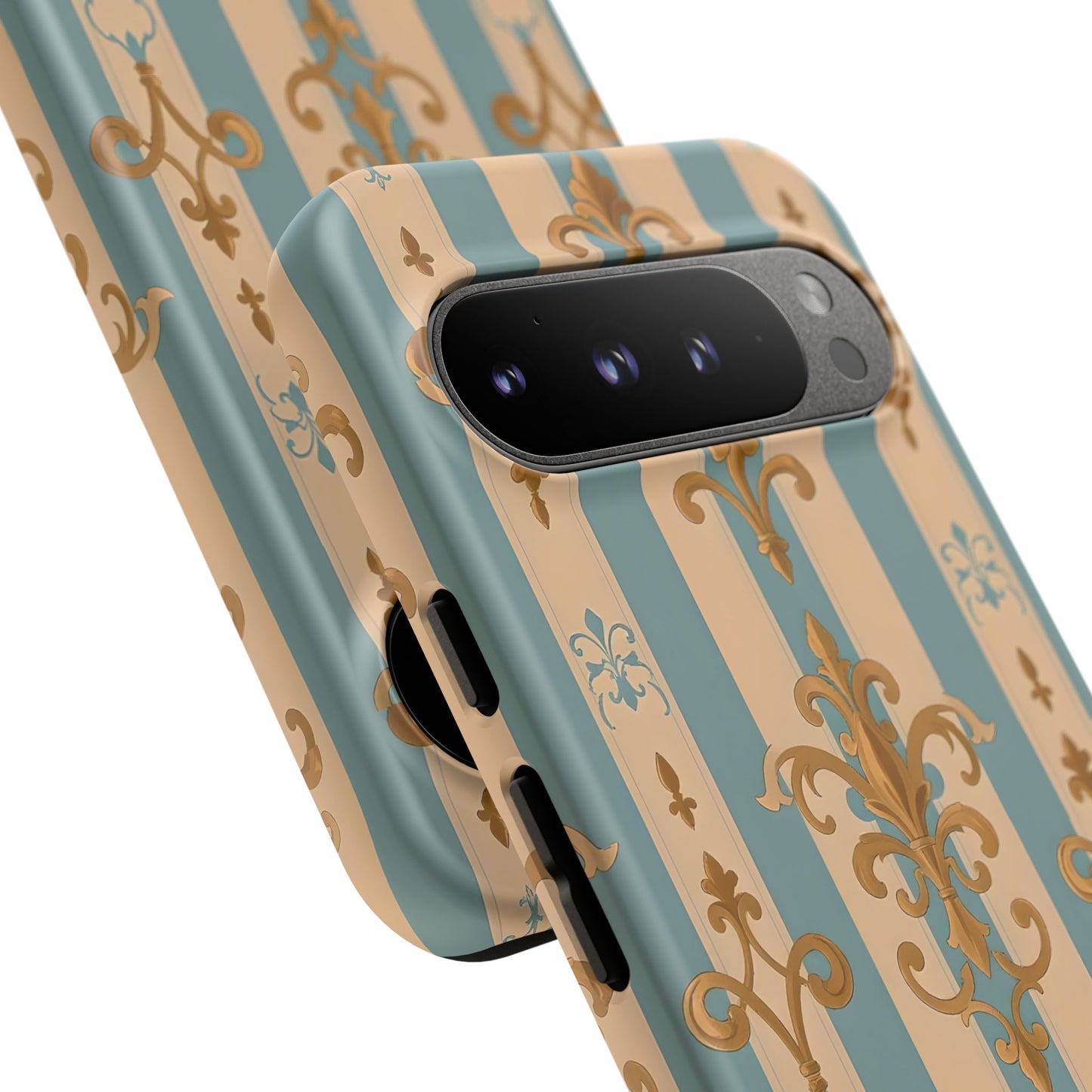 Elegant Floral Motif Phone Case - Tough Cases with Vintage Design -  Beige & Sky Blue Striped Gold Damask