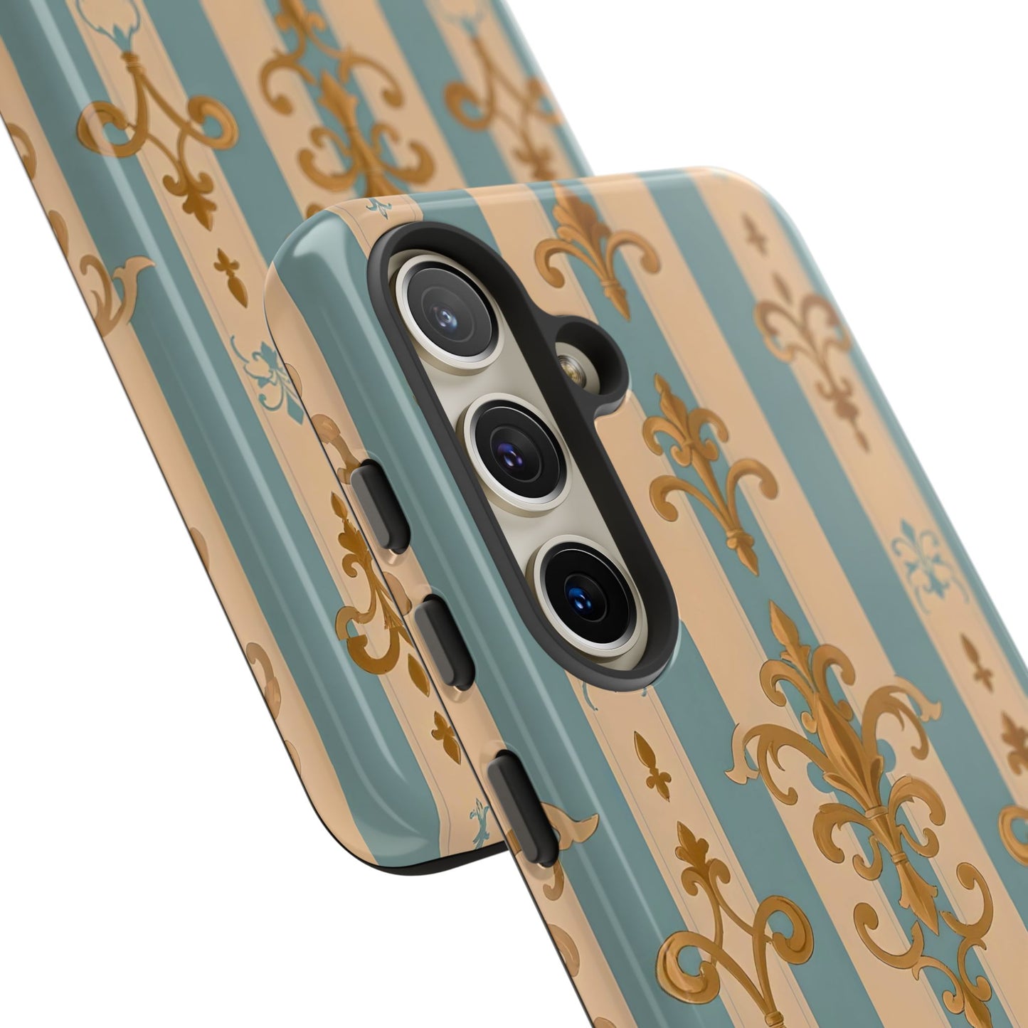 Elegant Floral Motif Phone Case - Tough Cases with Vintage Design -  Beige & Sky Blue Striped Gold Damask