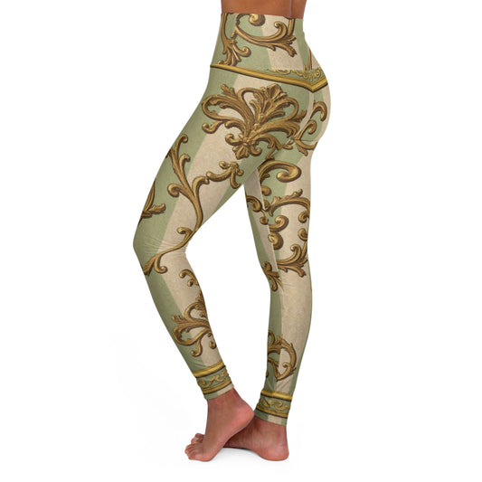 Elegant High Waisted Yoga Leggings - Stylish Activewear for Fitness, Yoga, and Leisure - Mint & Beige Striped Gold Baroque