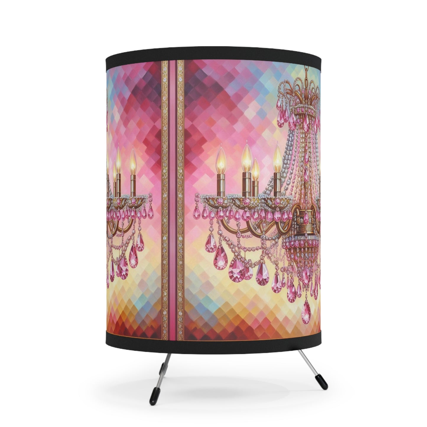 Chic Tripod Lamp with Elegant Chandelier Print, Glam Home Decor, Unique Lighting, Stylish Accent, Bedroom or Living Room - Pink Jeweled Chandelier