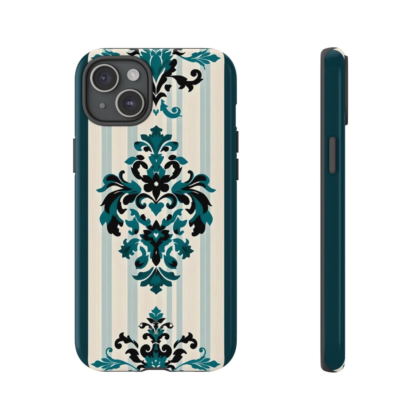 Elegant Floral Phone Case - Tough Cases with Vintage Design - Teal Striped Damask