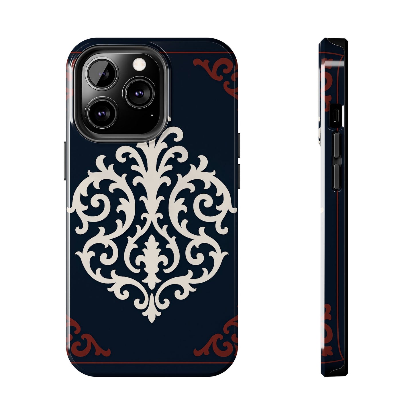 Dusk Blue-Maroon & White Baroque Tough Phone Case — Vintage Scroll Design