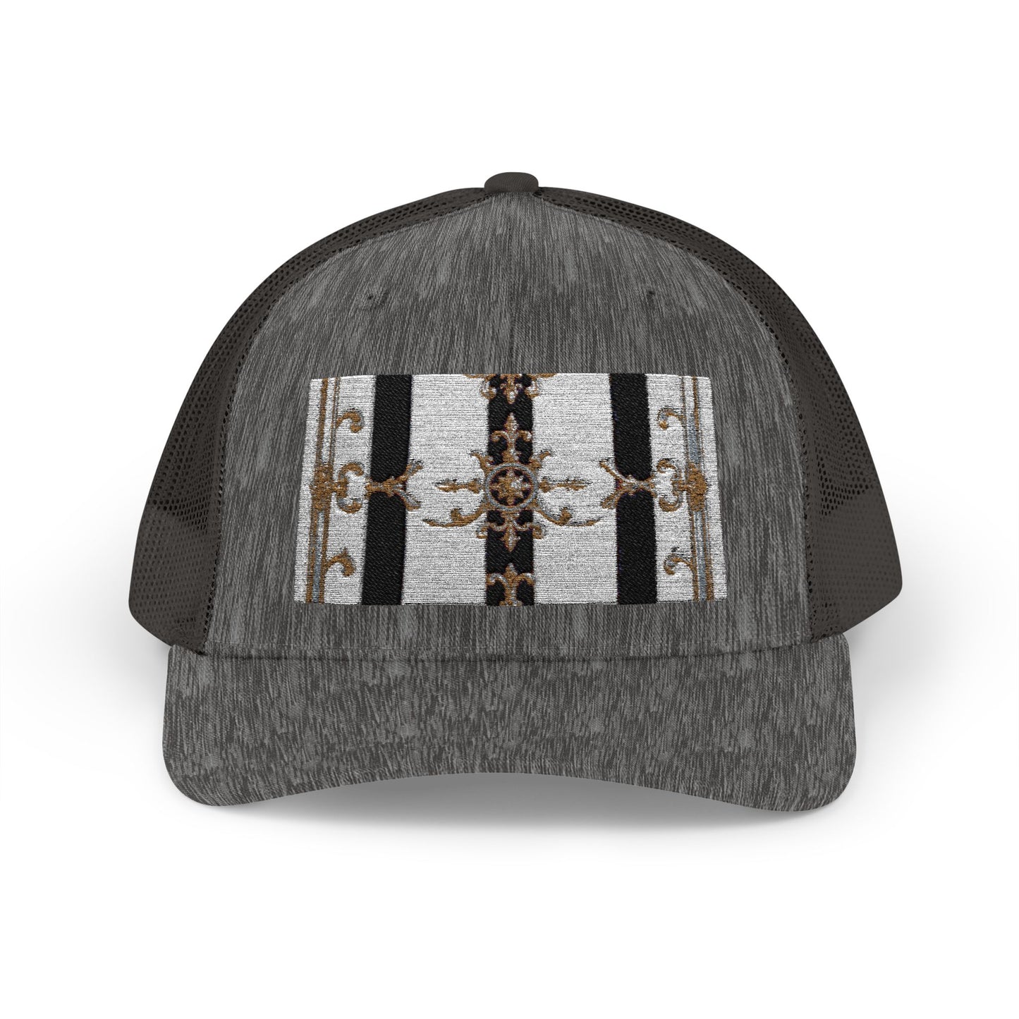 Trendy Snapback Trucker Cap, Casual Fashion Hat, Summer Accessory, Gift Idea for Cool Teens, Outdoor Activities - Black & White Striped Gold Baroque