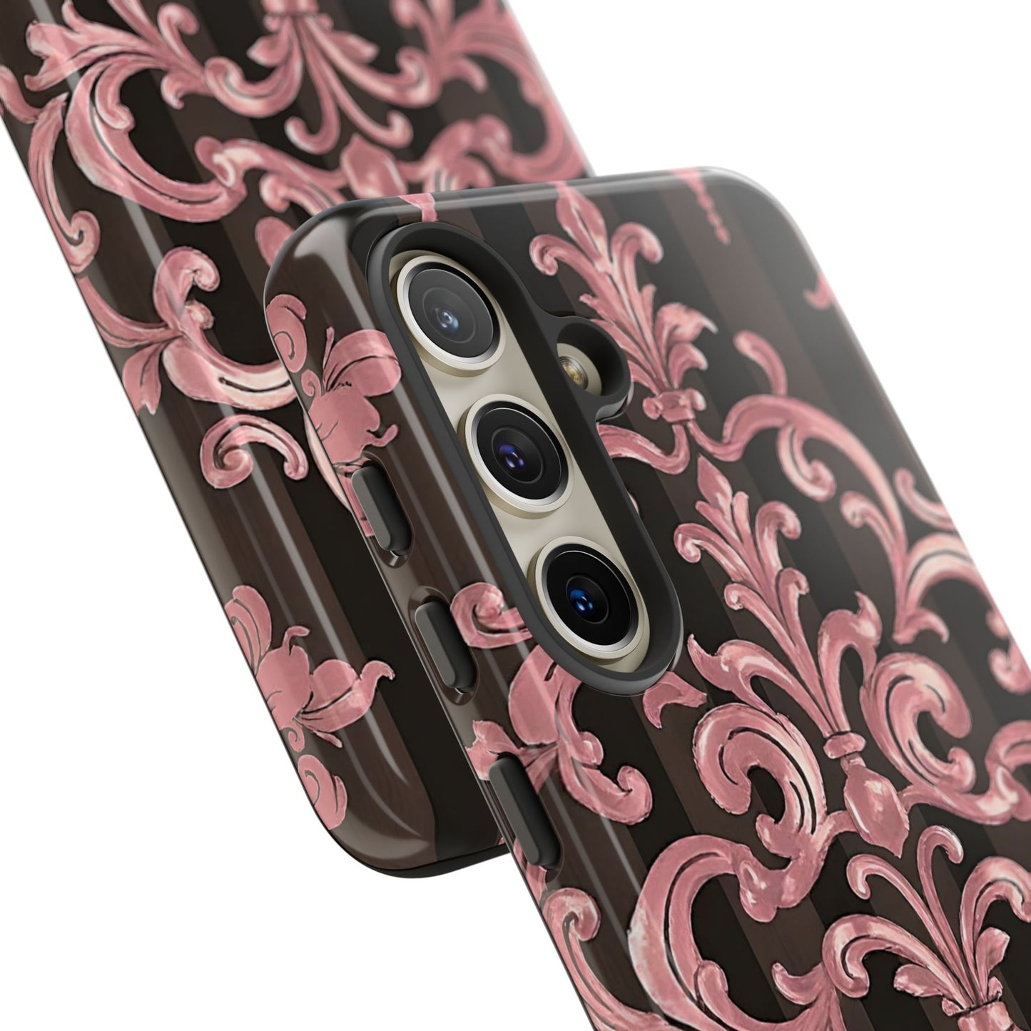 Elegant Floral Motif Phone Case - Tough Cases with Vintage Design - Brown Striped Mauve Damask