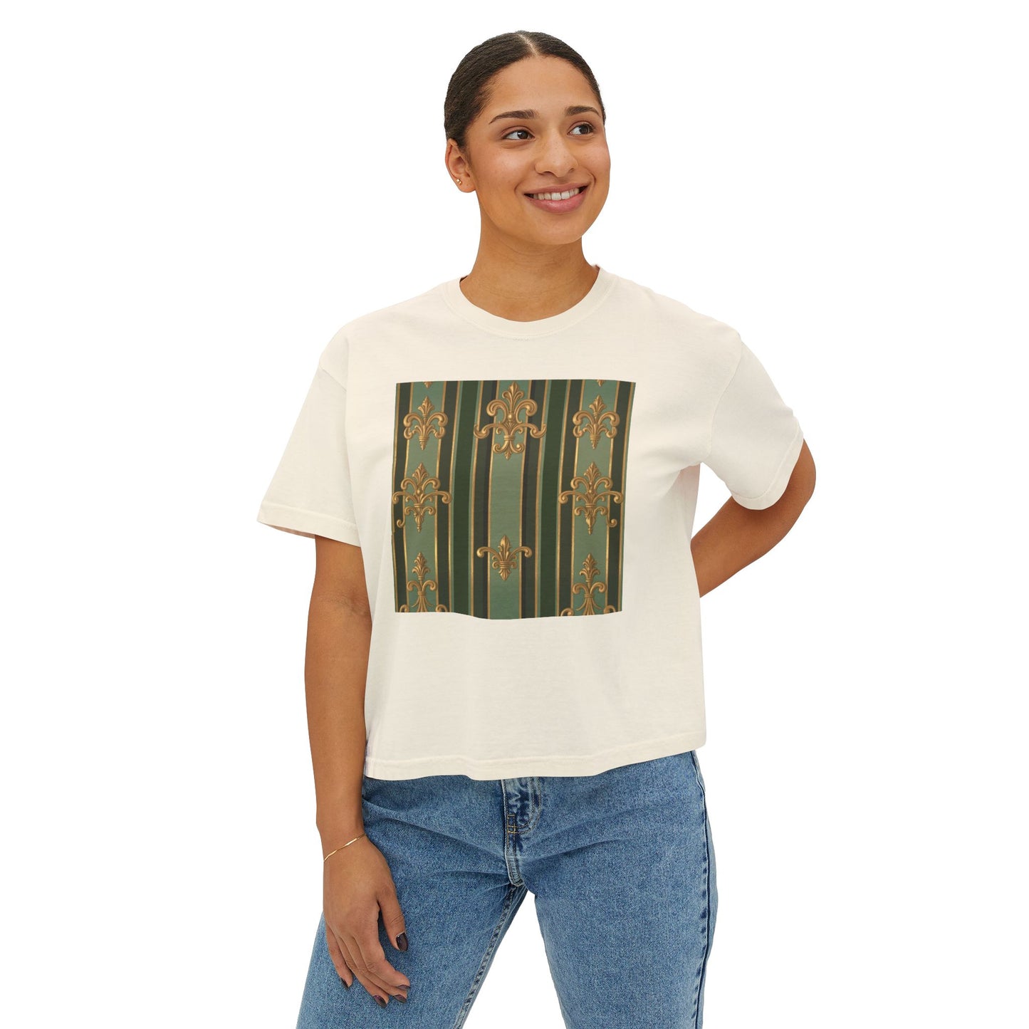 Vintage-Inspired Women's Boxy Tee | Relaxed Fit Shirt for Casual Outings, Everyday Wear, Birthday Gift - Green Striped Gold Baroque