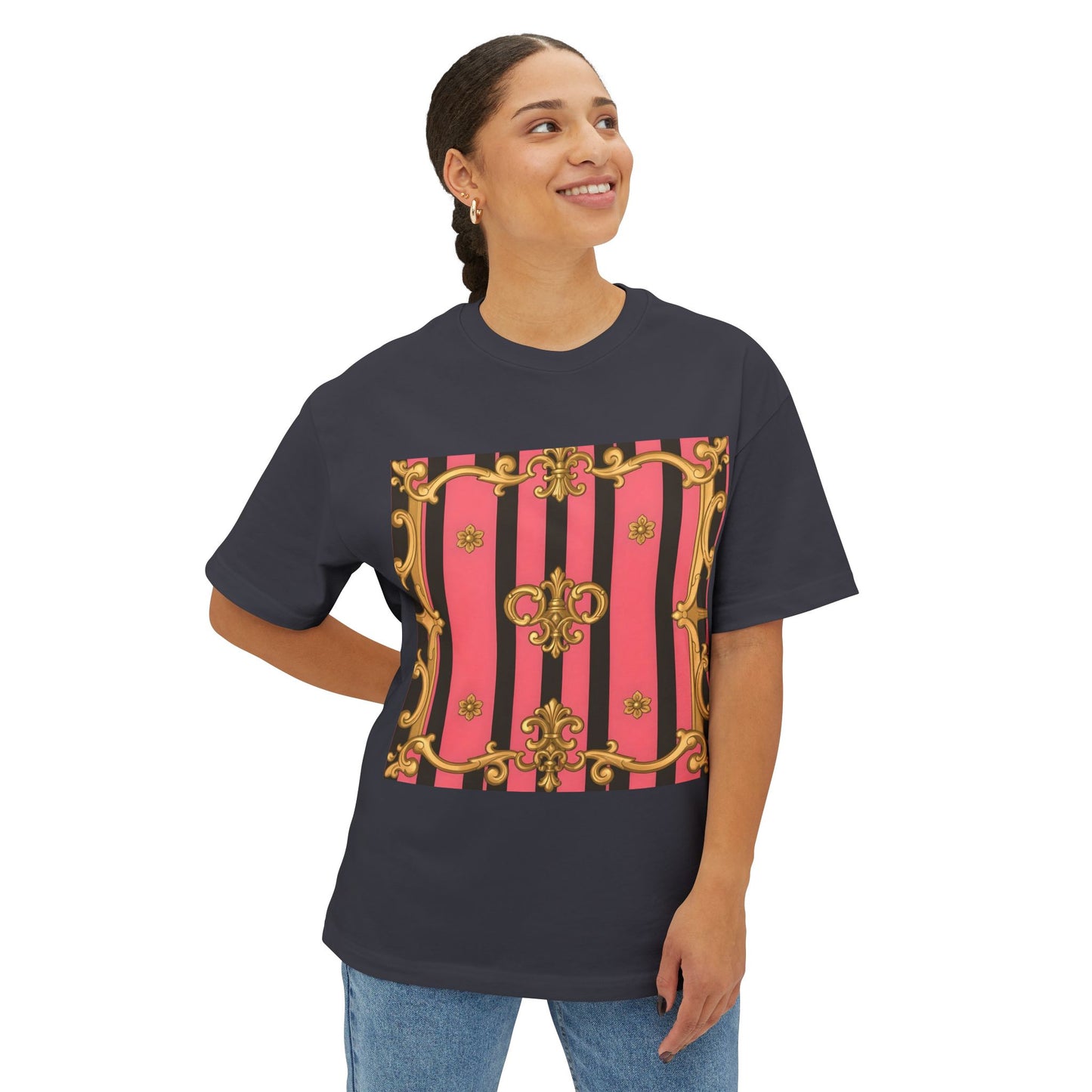 Chic Vintage-Inspired Oversized Tee, Stylish Graphic T-Shirt, Baroque Tee, Casual Summer Shirt - Pink & Black Striped Gold Baroque
