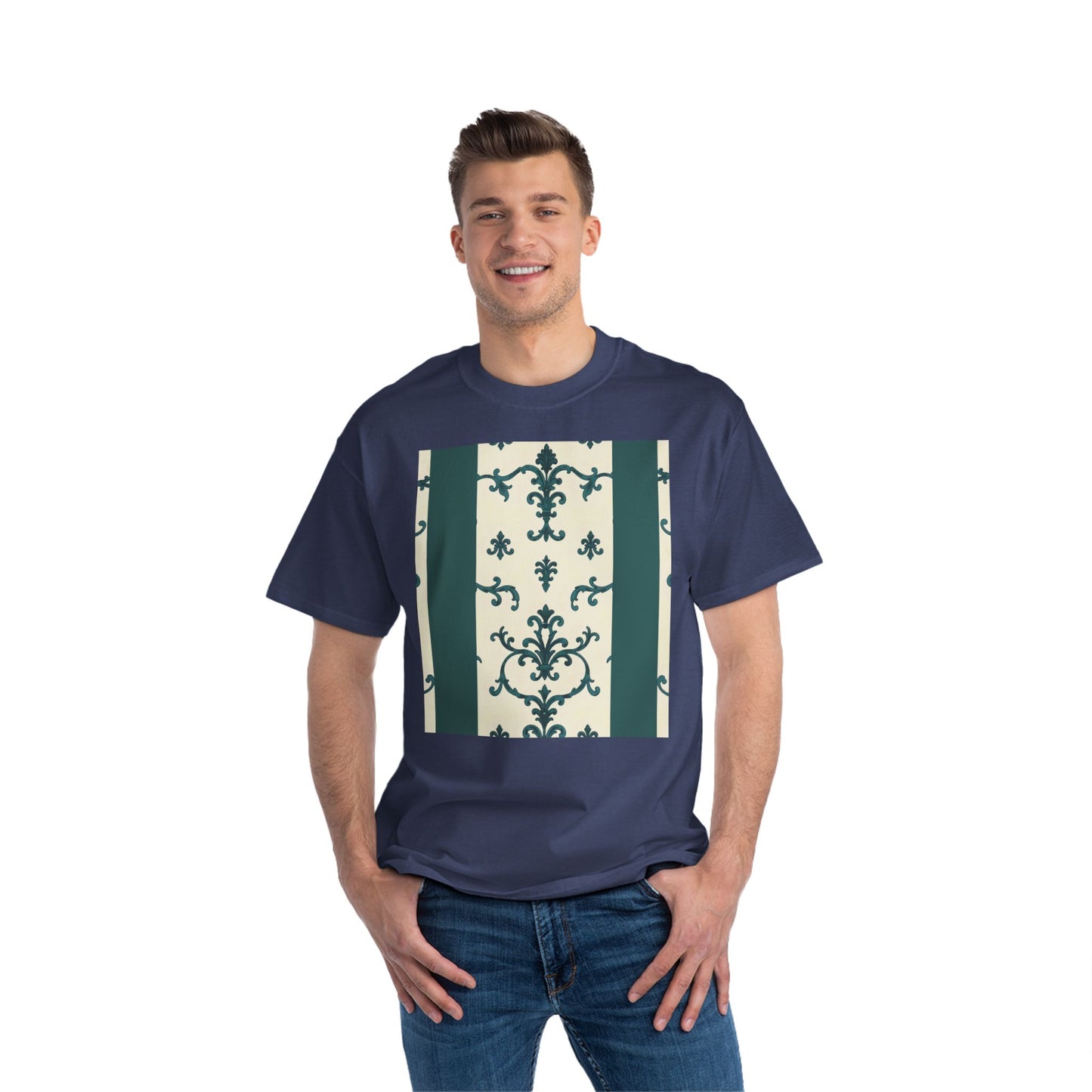 Vintage-Inspired Short-Sleeve T-Shirt, Casual Wear, Graphic Tee, Summer Outfit, Gift for Friends, Retro Design - Teal Striped Rococo