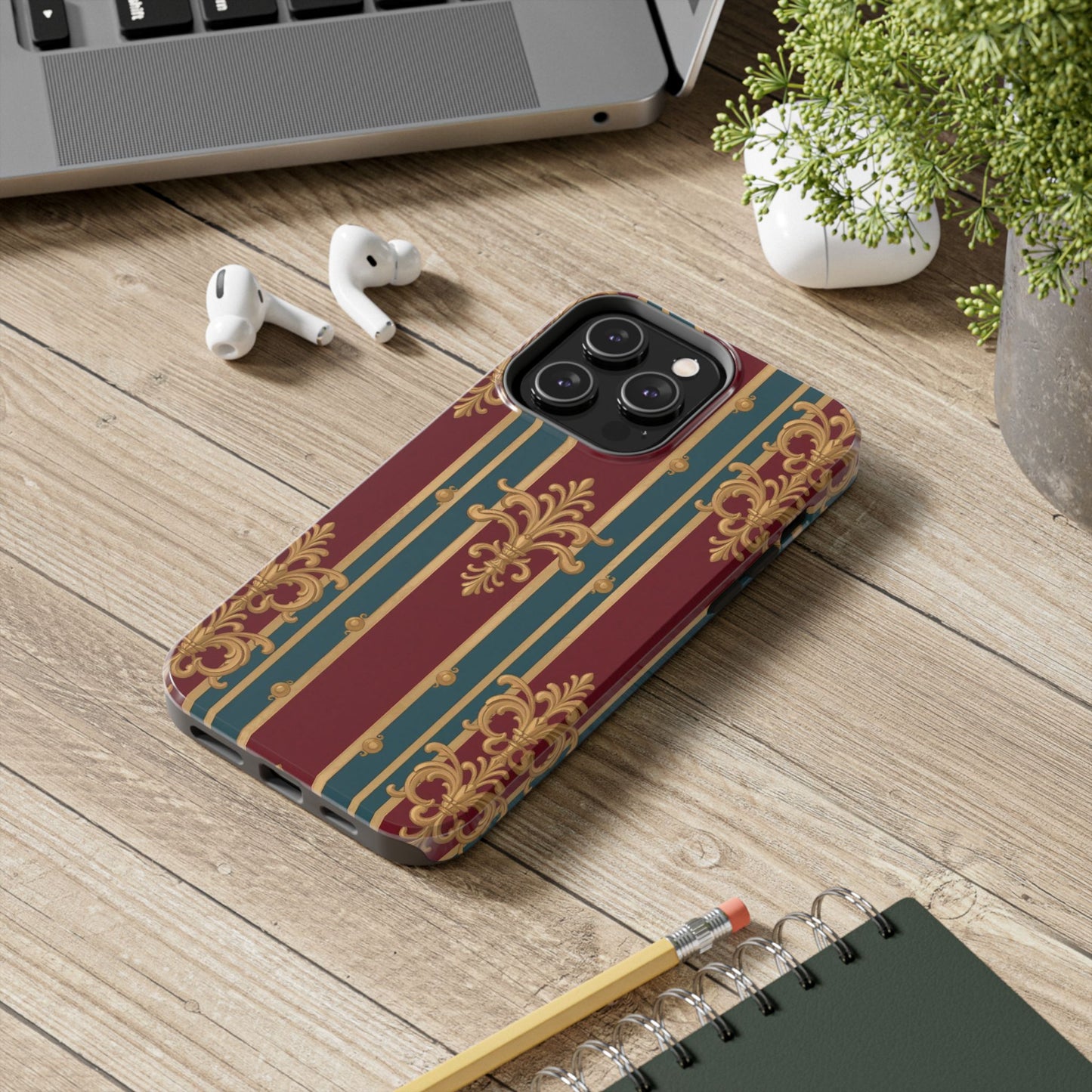 Elegant Vintage Tough Phone Case, Luxury Phone Protection, Stylish Phone Cover, Durable Phone Accessory - Burgundy Striped Gold Baroque