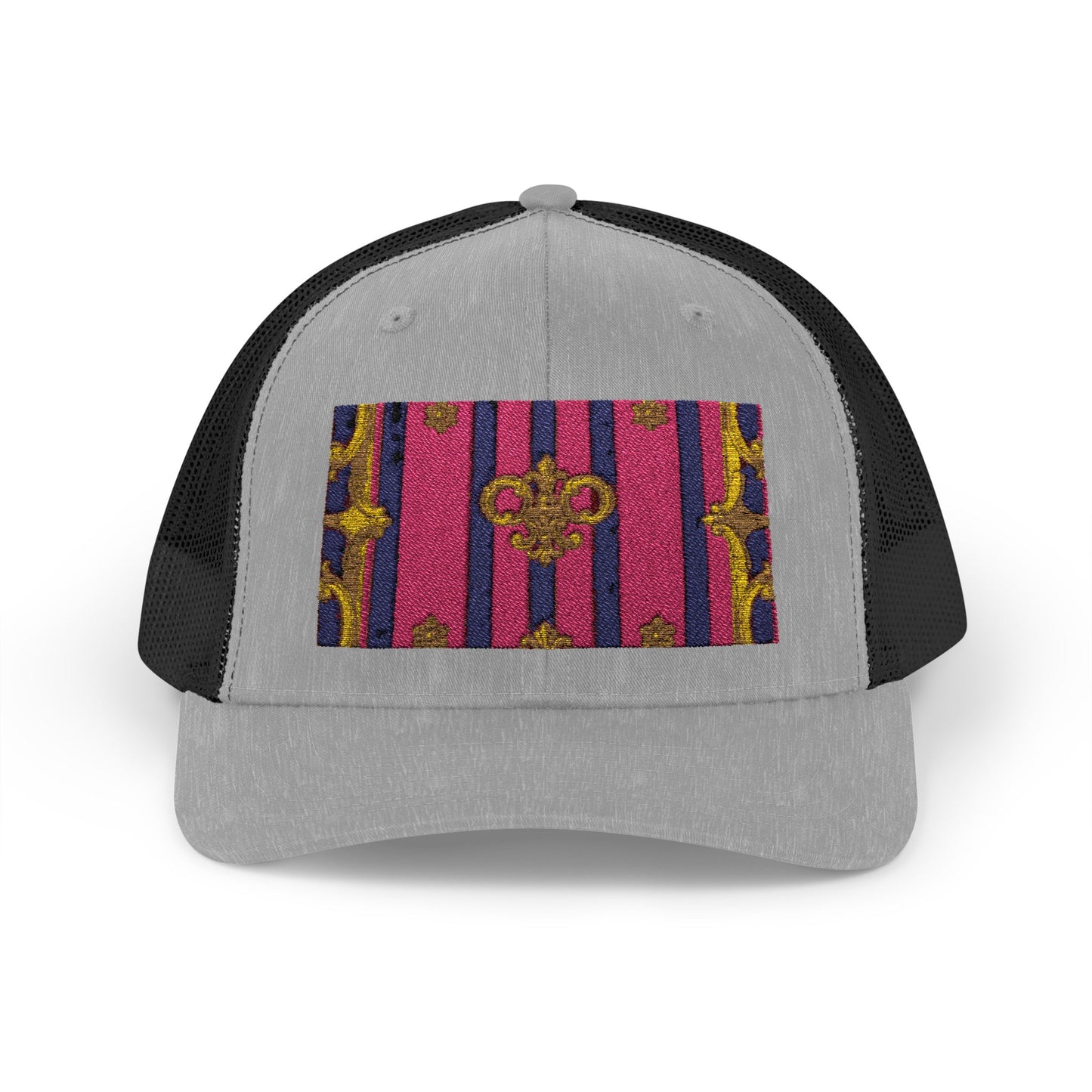 Vibrant Snapback Trucker Cap, Stylish Outdoor Hat, Trendy Fashion Accessory, Gift for Him or Her - Pink Striped Gold Baroque