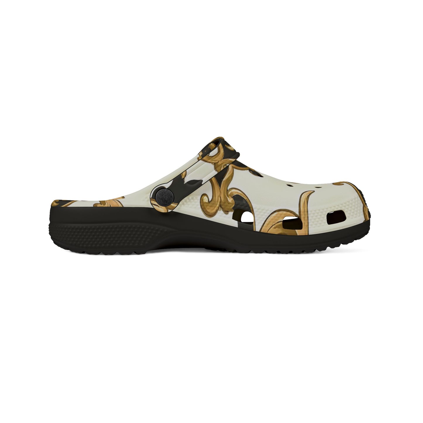 Elegant AOP EVA Foam Rubber Shoes - Stylish Comfort for Home & Outdoors, Trendy Clogs for Fashion Lovers - Black & Gold Rococo