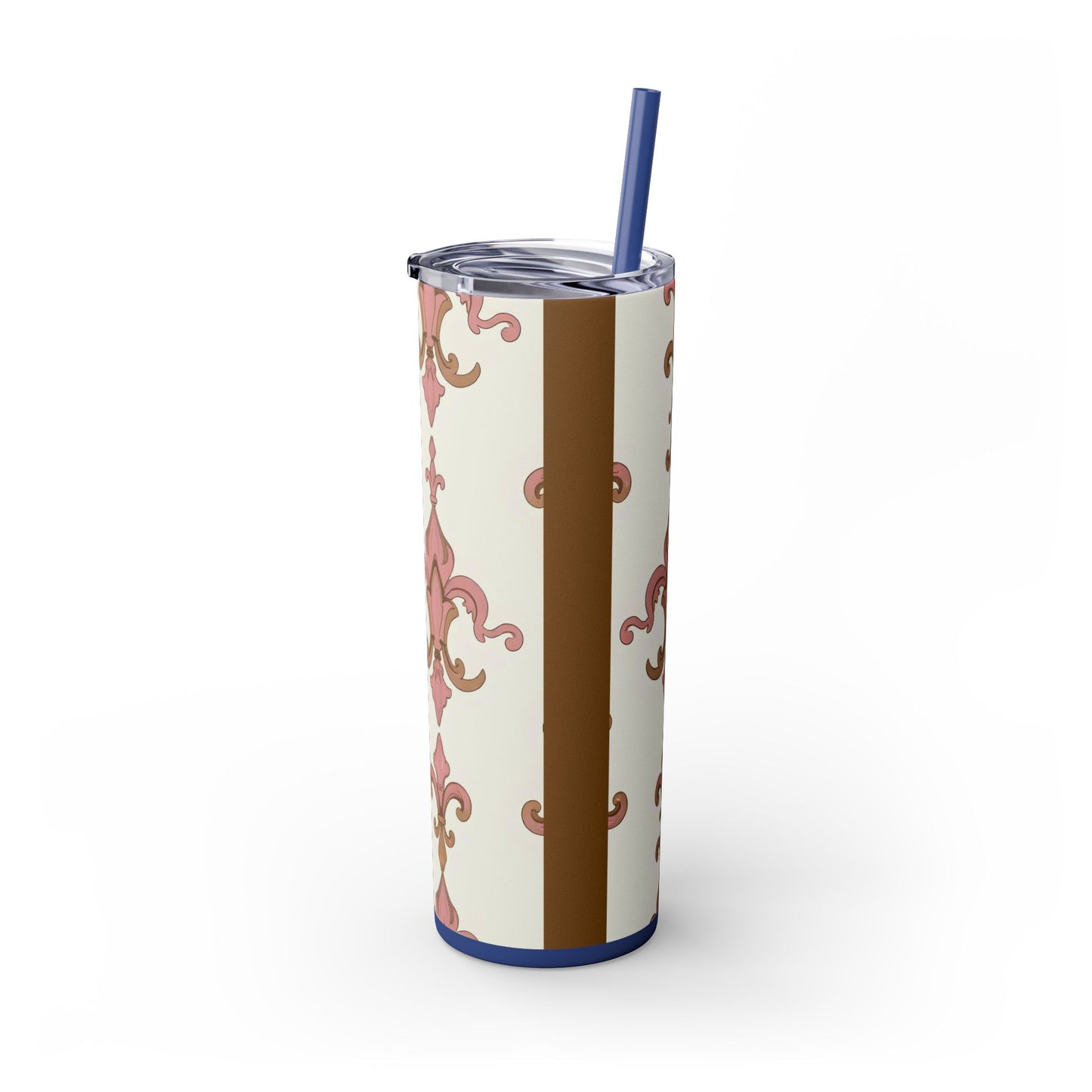 Elegant Floral Skinny Tumbler, 20oz Drinkware, Stylish Travel Mug, Wedding Gift, Personalized Gift, Eco-Friendly Cup - Brown Striped Pink Arabesque