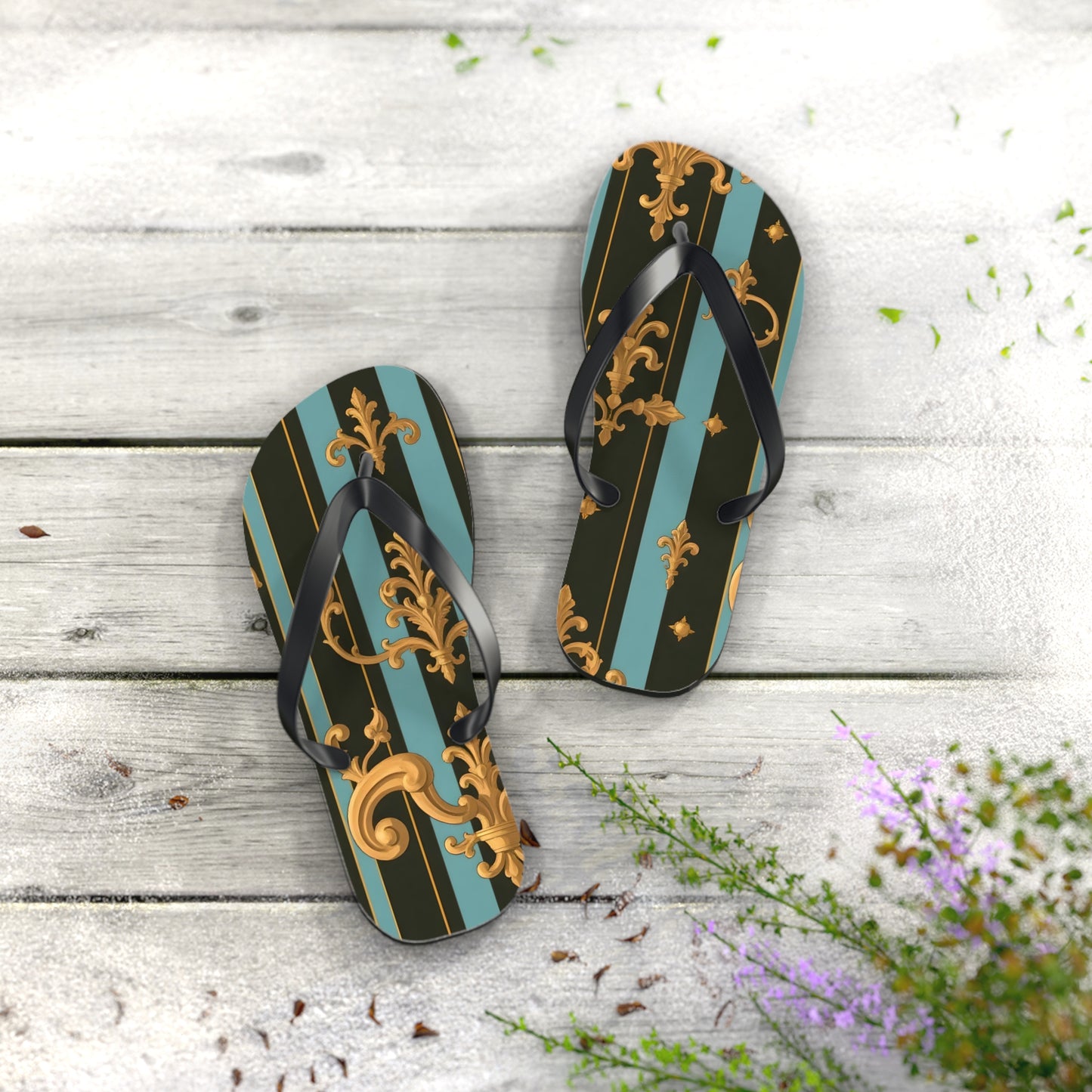 Elegant Striped Flip Flops, Stylish Beach Sandals, Summer Footwear, Vacation Essentials - Black & Turquoise Striped Baroque