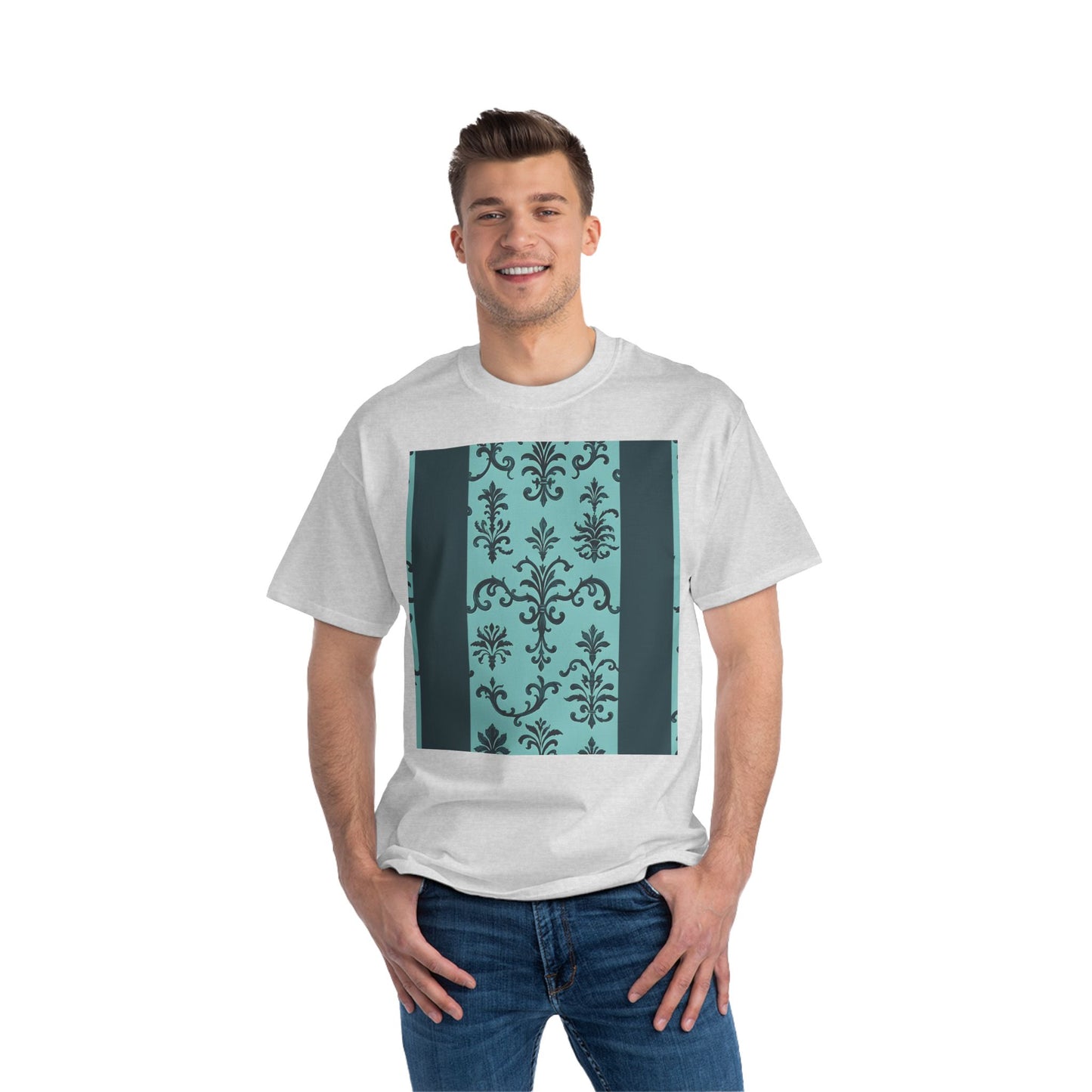 Elegant Floral T-Shirt - Vintage Design, Casual Wear, Gift for Her, Summer Fashion, Stylish Tee - Teal Striped Rococo