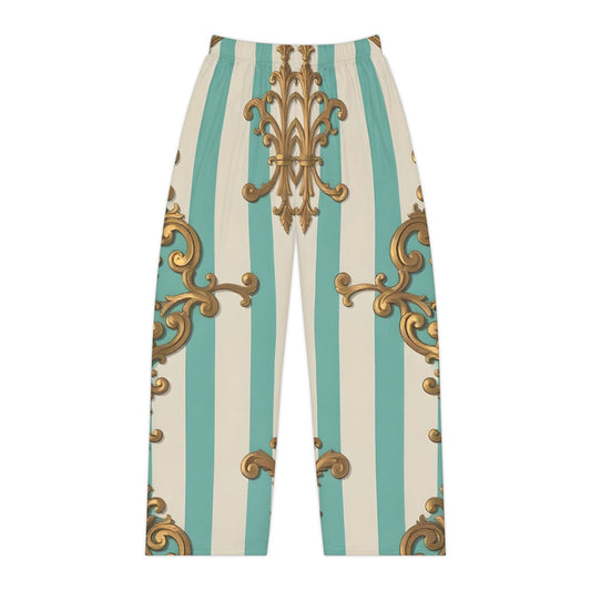Elegant Women’s Pajama Pants, Luxe Lounge Wear, Sleepwear, Relaxation, Gift for Her, Home Comfort - Matte Green Striped Rococo