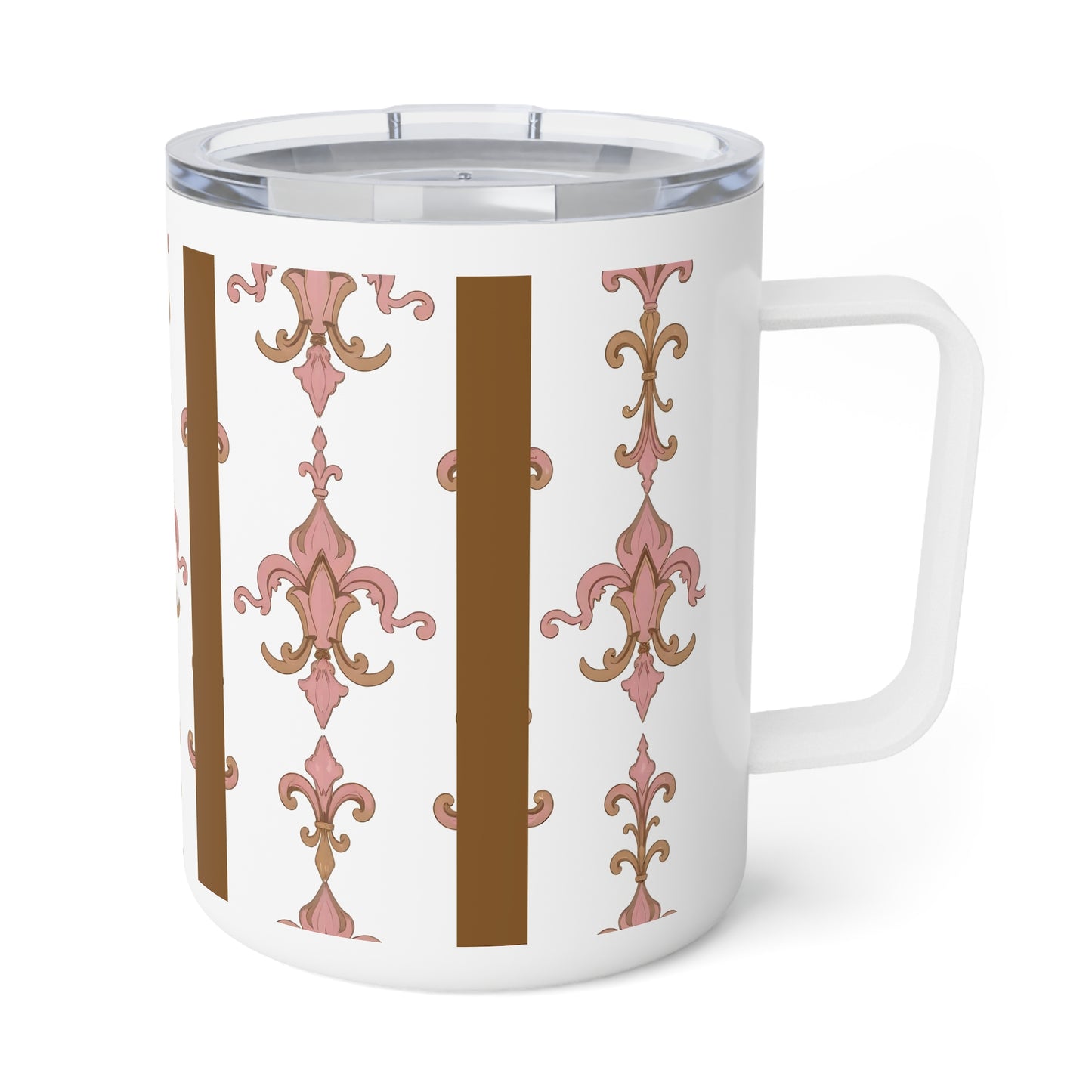 Elegant Floral Insulated Coffee Mug | Stylish Travel Cup, Morning Brew, Gift for Her, Unique Decor, Coffee Lover's Delight - Brown Striped Pink Arabesque