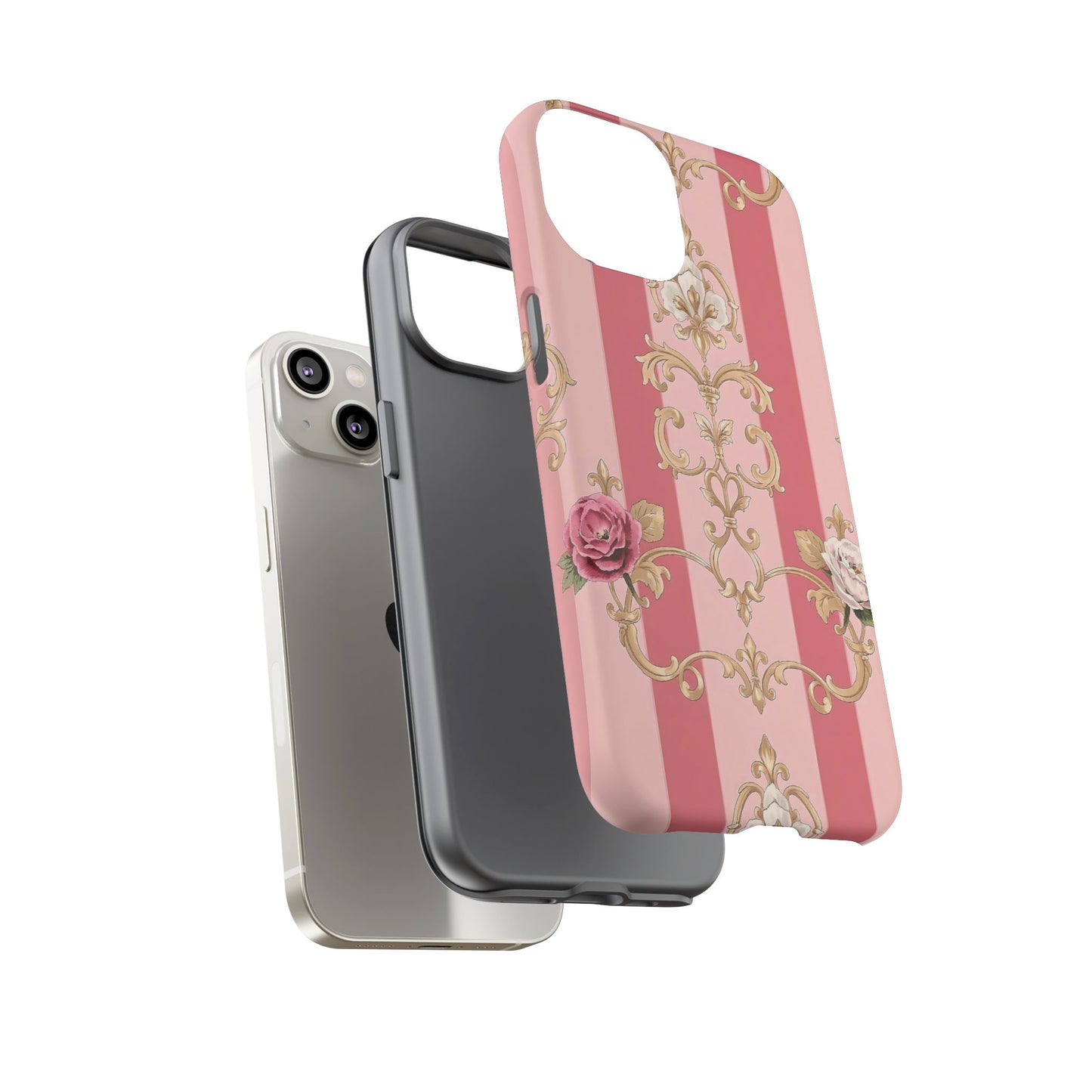Elegant Floral Motif Phone Case - Tough Cases with Vintage Design - Pink Striped Roses & Damask