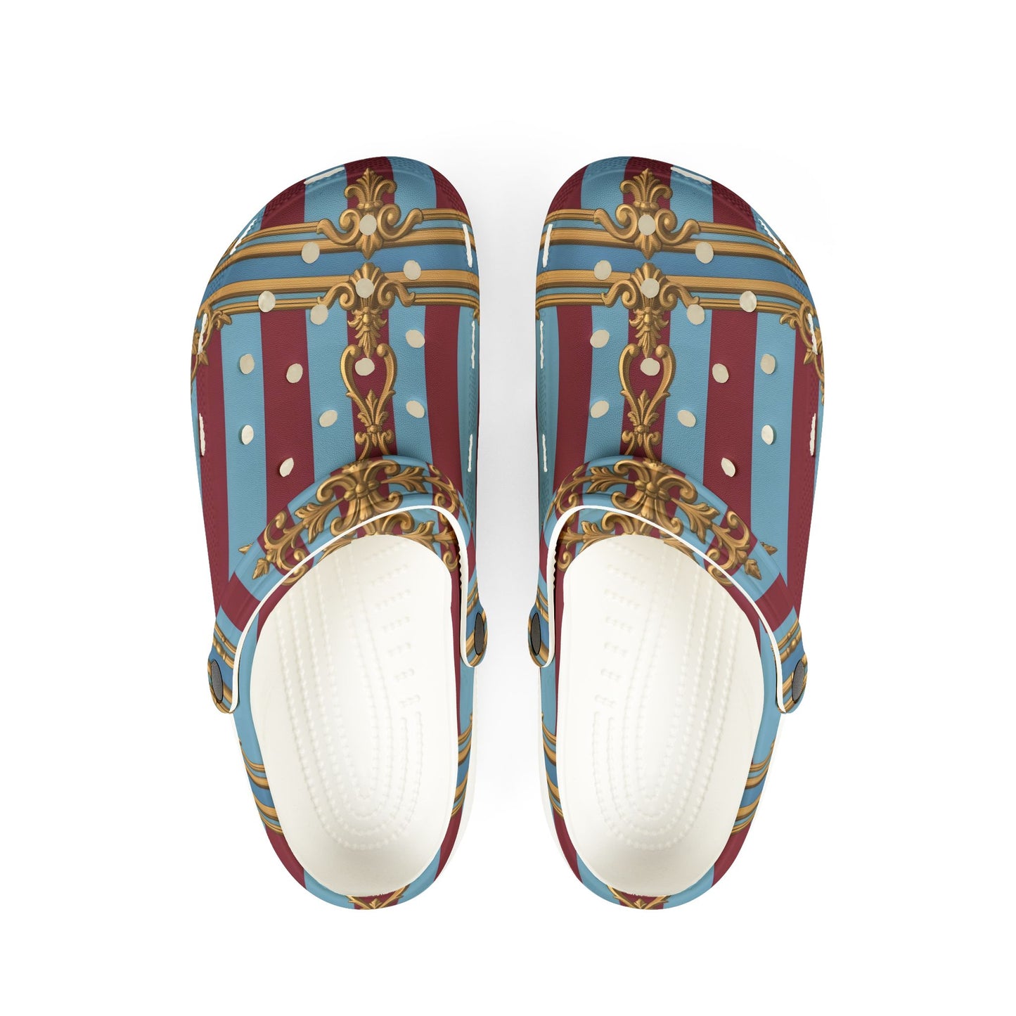 Chic Unisex EVA Foam Rubber Clogs – Stylish Comfort Footwear, Trendy Slip-Ons for Home, Casual Outings - Sky Blue & Maroon Striped Baroque