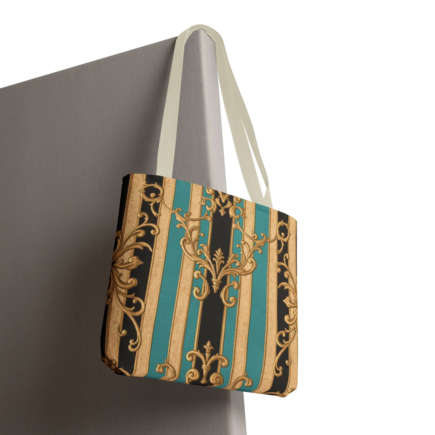 Elegant Black, Tan & Ocean Green Striped Gold Baroque Vintage Pattern Tote Bag, Stylish Carryall, Fashionable Handbag, Perfect Gift for Mother’s Day