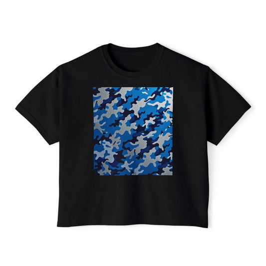Camo Print Women's Boxy Tee, Casual Top, Summer T-Shirt, Outdoor Wear, Gift for Her, Trendy Fashion - Blue Camo