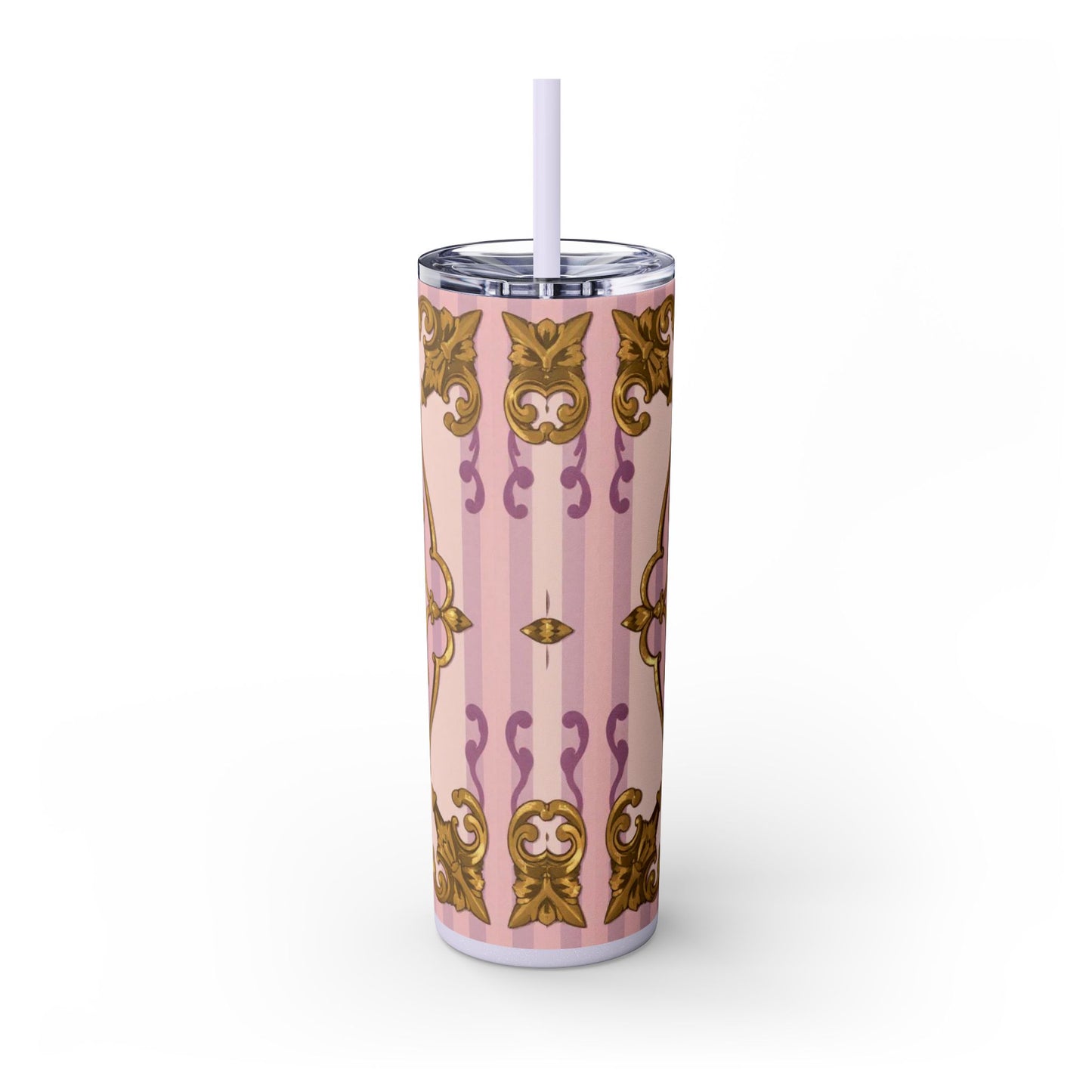 Elegant Lavender & Alabaster Striped Gold Baroque Tumbler - Insulated 20oz Skinny Cup with Straw, Ideal for Gifts, Parties, and Daily Use