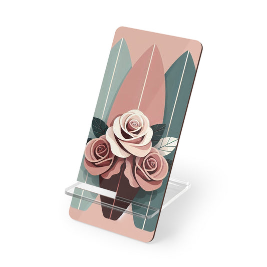 Elegant Floral Smartphone Display Stand - Burgundy, Matte Mauve & Teal Surfboard & Roses - Decorative Mobile Holder