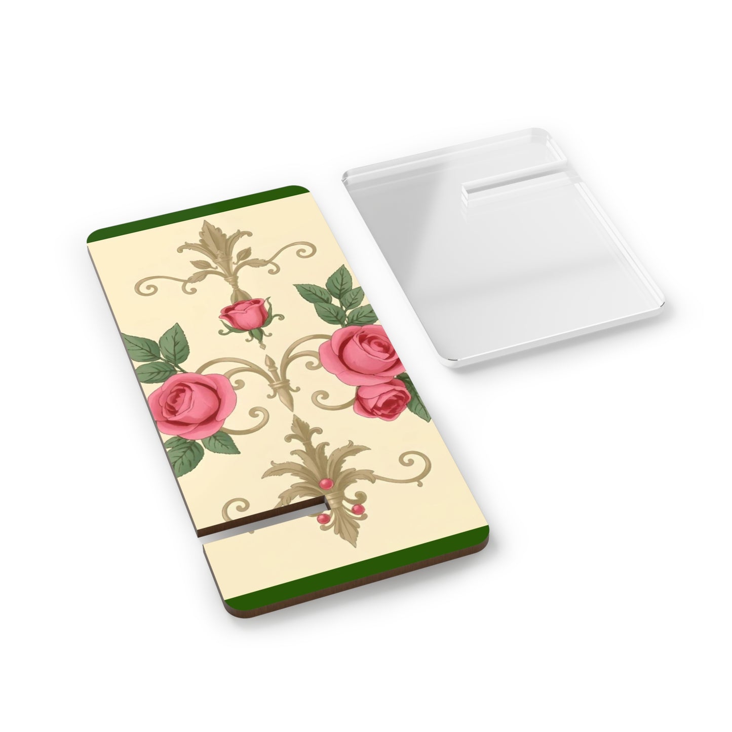 Elegant Floral Smartphone Display Stand -Green Border Roses & Damask - Decorative Mobile Holder