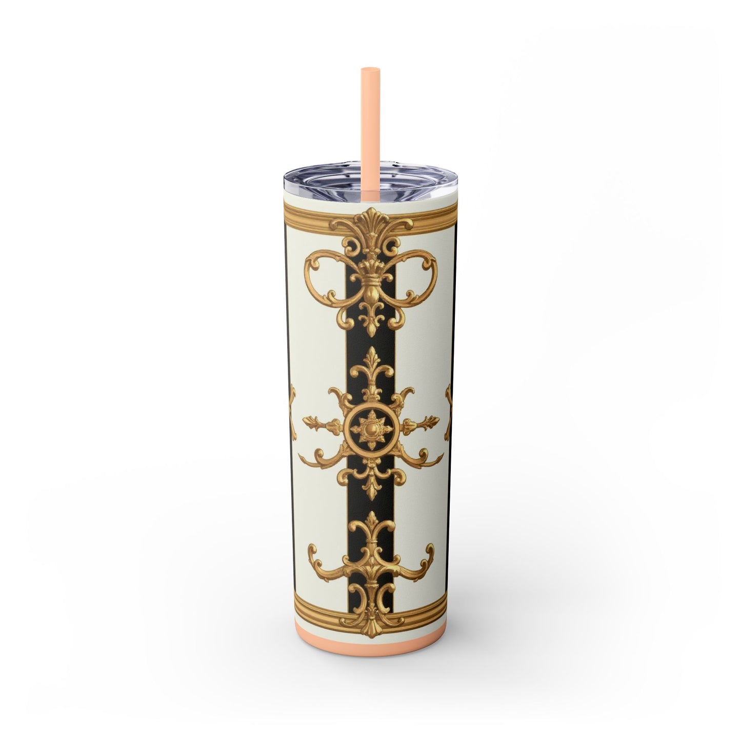 Elegant Gold Accents Skinny Tumbler, 20oz - Stylish Drinkware for Weddings, Parties, Gifts, or Everyday Use - Black & White Striped Gold Baroque