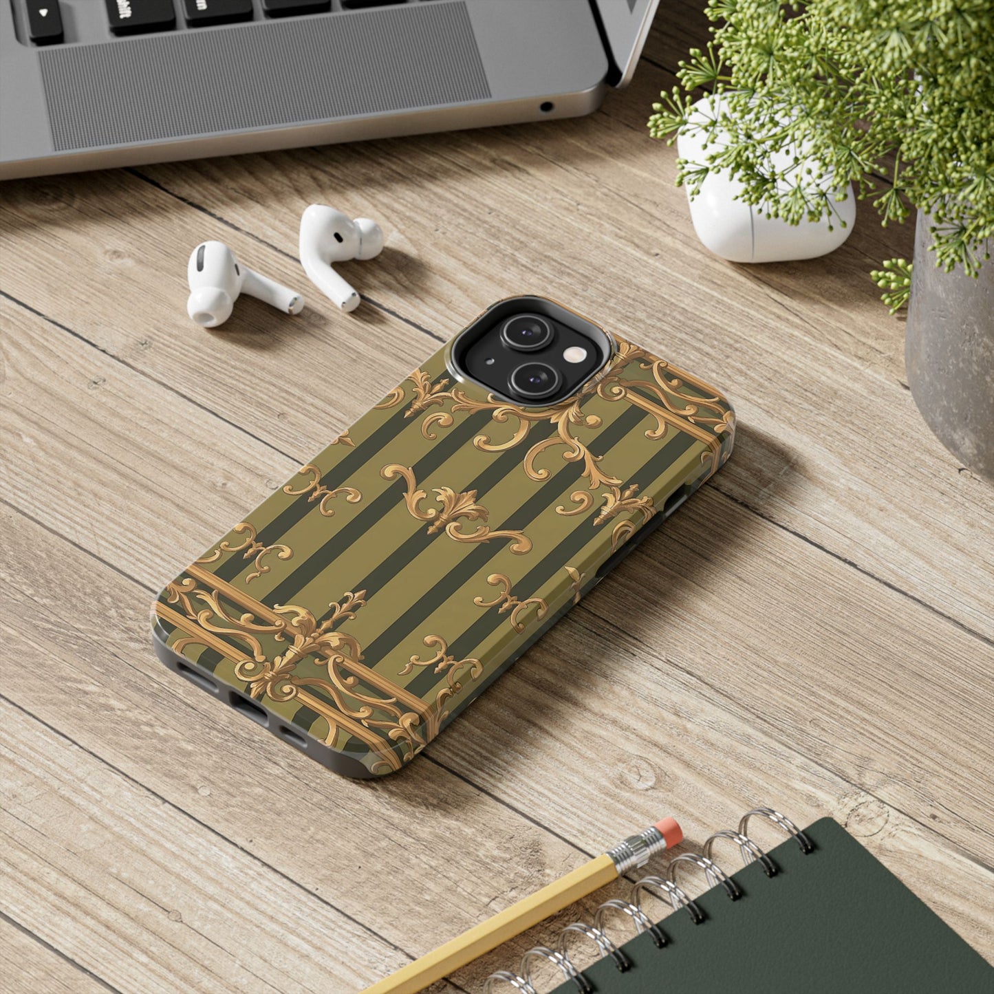 Elegant Vintage Phone Case - Tough Protection with Classy Design, Stylish Phone Cover for Fashion Lovers - Olive Green Striped Rococo
