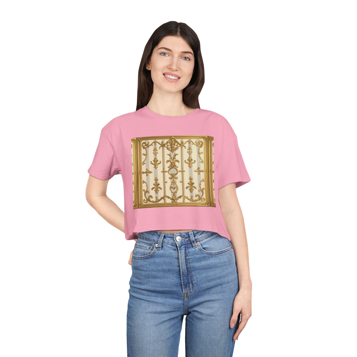 Elegant Vintage Women's Crop Tee, Stylish Oversized Top, Casual Summer Shirt, Trendy Women's Apparel - Matte Gray & Cream Striped Gold Baroque