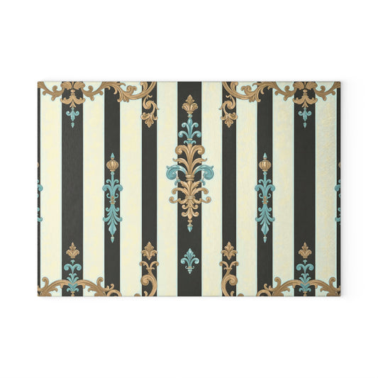 Elegant Vintage Glass Cutting Board, Kitchen Decor, Gift for Chefs, Wedding Registry, Housewarming Present - Black Striped Turquoise & Black Rococo