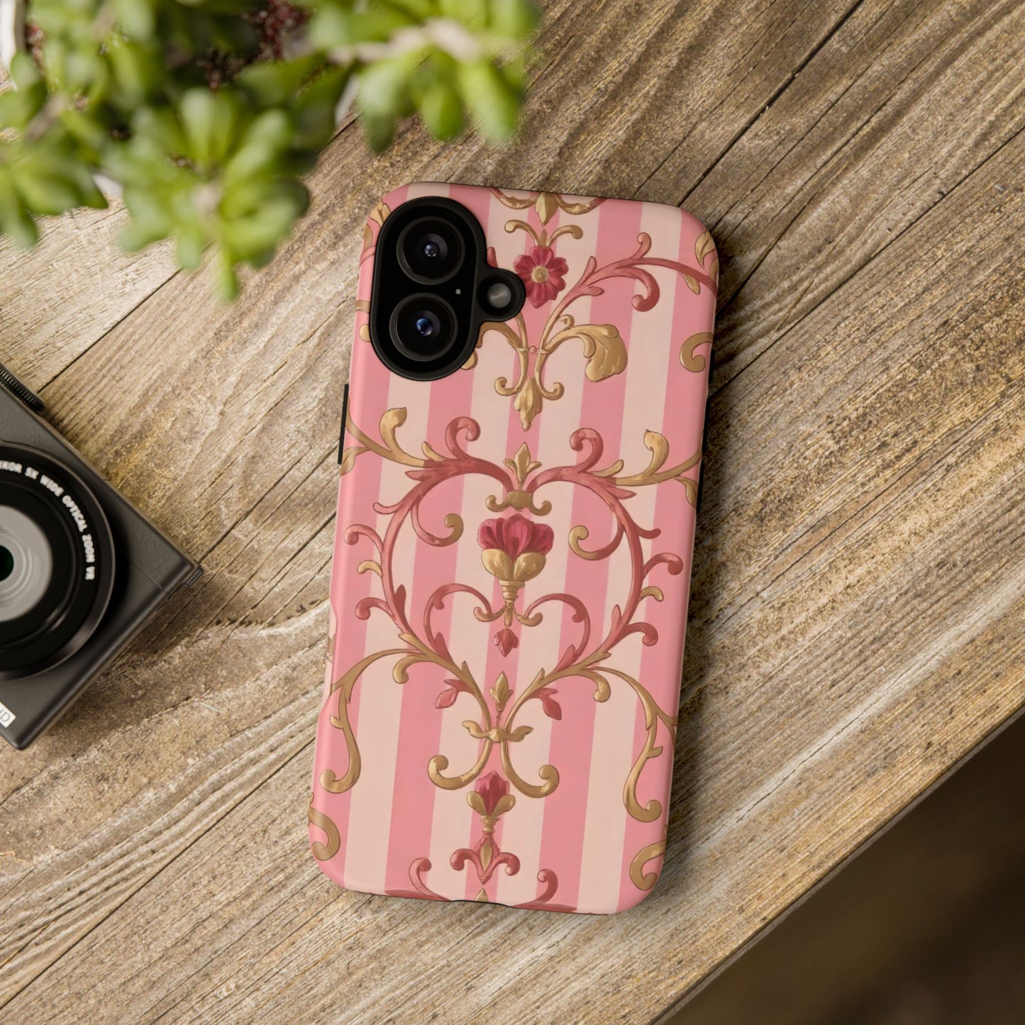 Elegant Floral Motif Phone Case - Tough Cases with Vintage Design - Pink Striped Rose Gold Damask