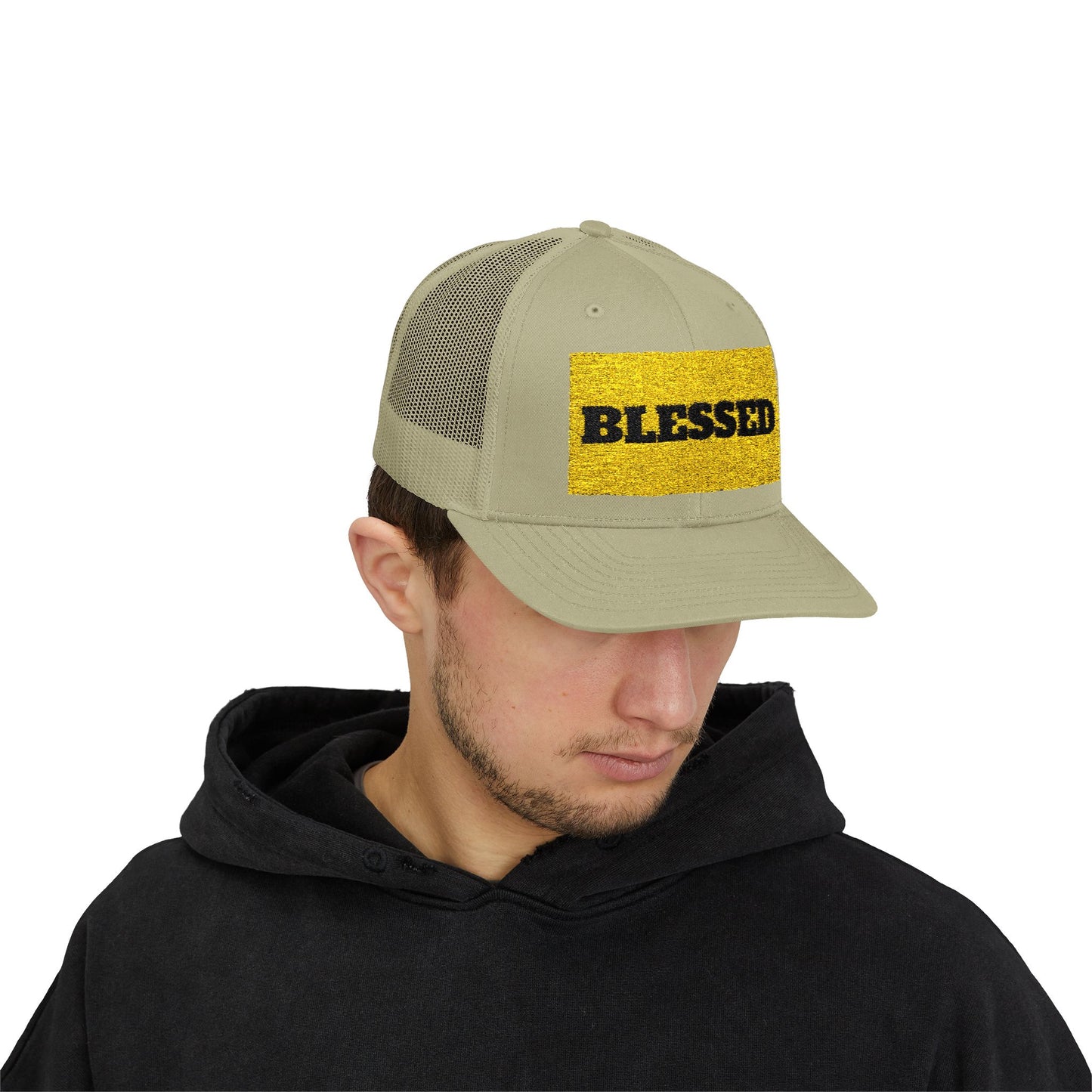 Blessed In Gold Snapback Trucker Cap for Everyday Inspiration, Faith-Based Accessory, Adjustable Hat, Gift for Friends, Motivational Cap