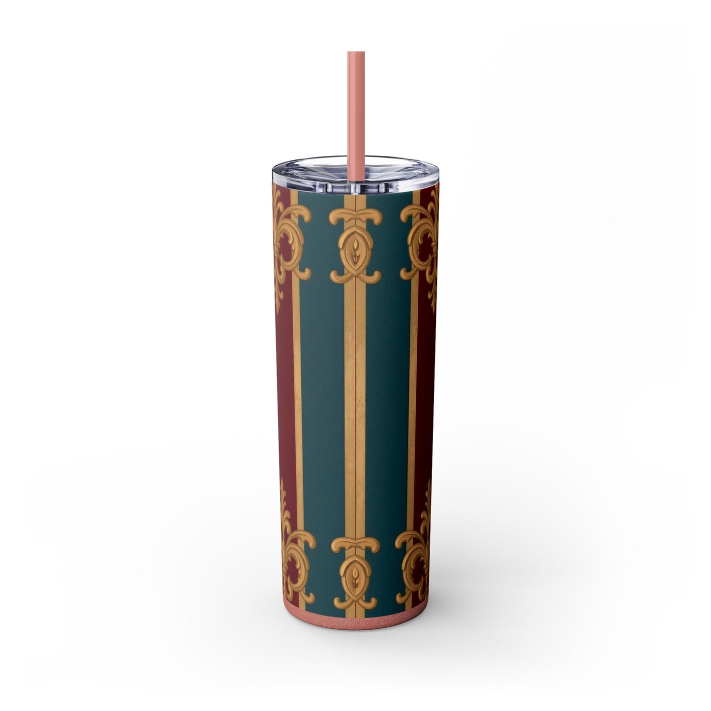 Elegant Vintage Skinny Tumbler with Straw, 20oz | Gold & Burgundy Design | Travel Mug, Gift for Her - Burgundy Striped Gold Baroque