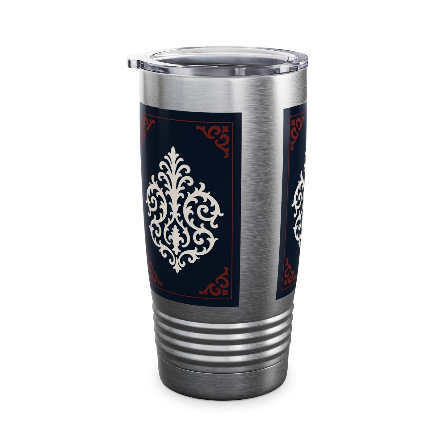 Dusk Blue-Maroon & White Baroque 20oz Ringneck Tumbler with Classic Baroque Design — Elegant Travel Mug