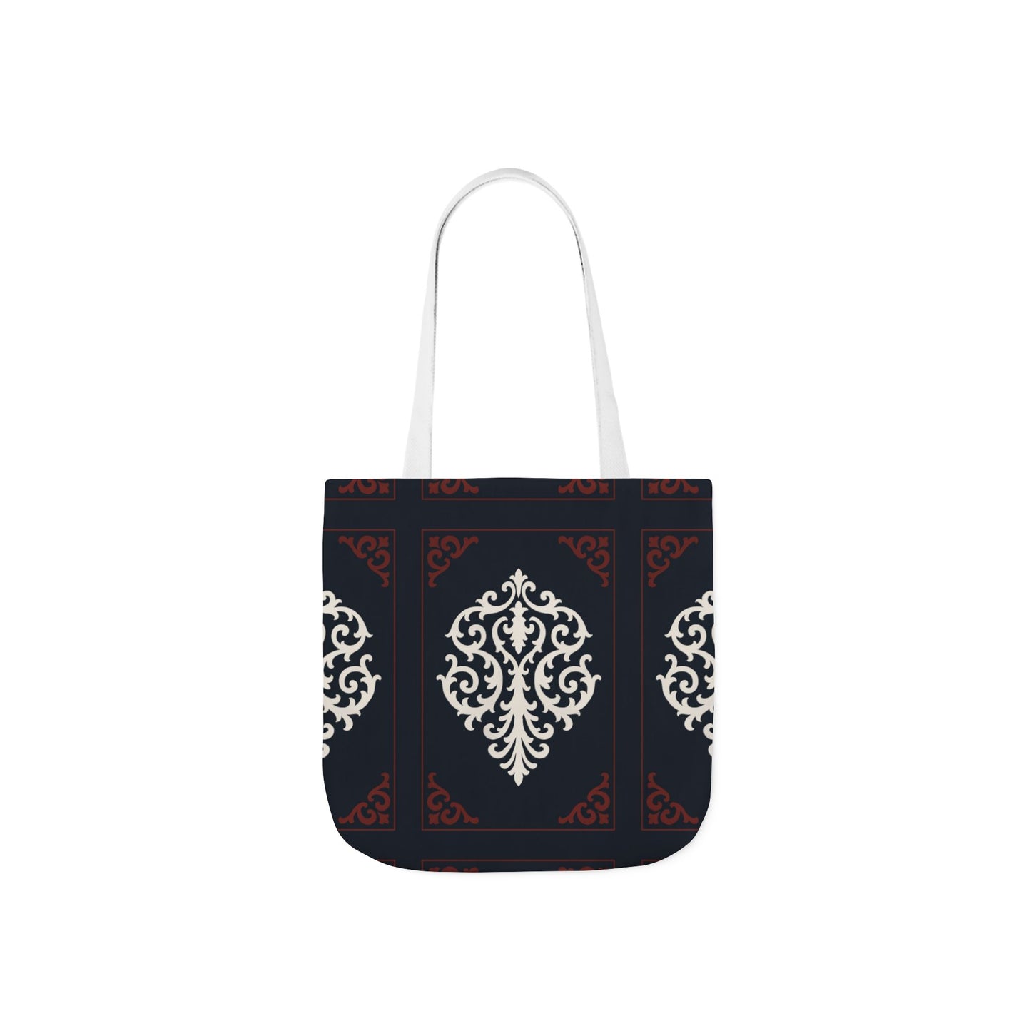 Dusk Blue-Maroon & White Baroque Pattern Canvas Tote Bag — Elegant Dusk Blue & White Reusable Market Bag