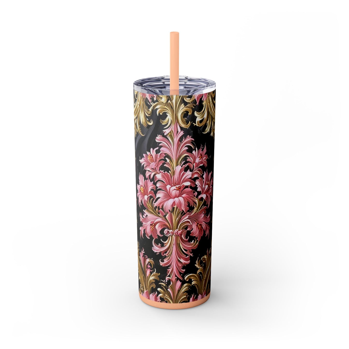 Chic Floral Skinny Tumbler with Straw, 20oz - Elegant Drinkware for Tea Lovers, Travel Mugs, Gifts for Her - Black & Pink Oil Painting Style Rococo