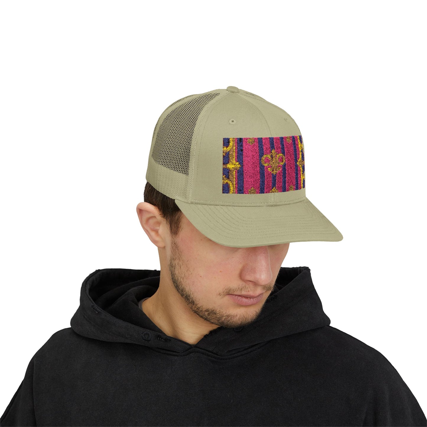Vibrant Snapback Trucker Cap, Stylish Outdoor Hat, Trendy Fashion Accessory, Gift for Him or Her - Pink Striped Gold Baroque