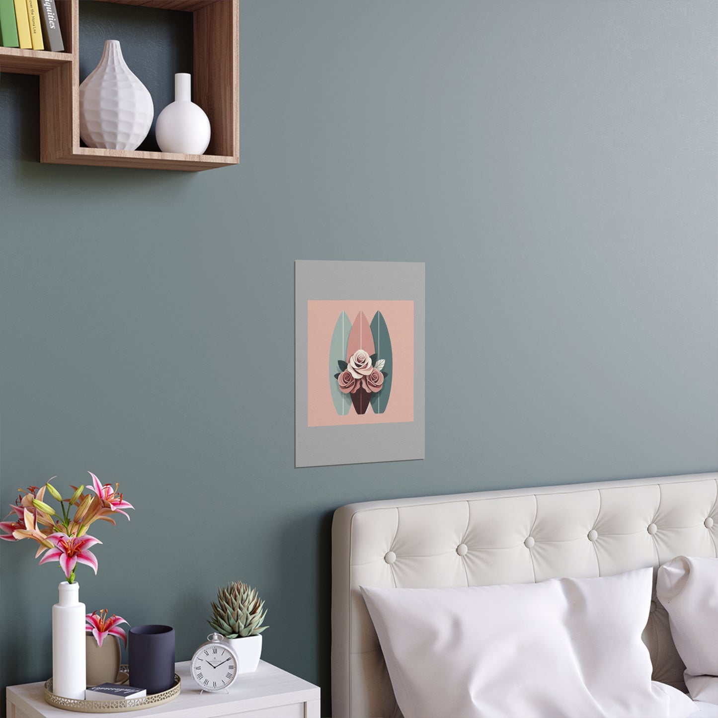 Elegant Floral Silk Poster - Indoor/Outdoor Wall Art for Home Decor - Burgundy, Matte Mauve & Teal Surfboard & Roses