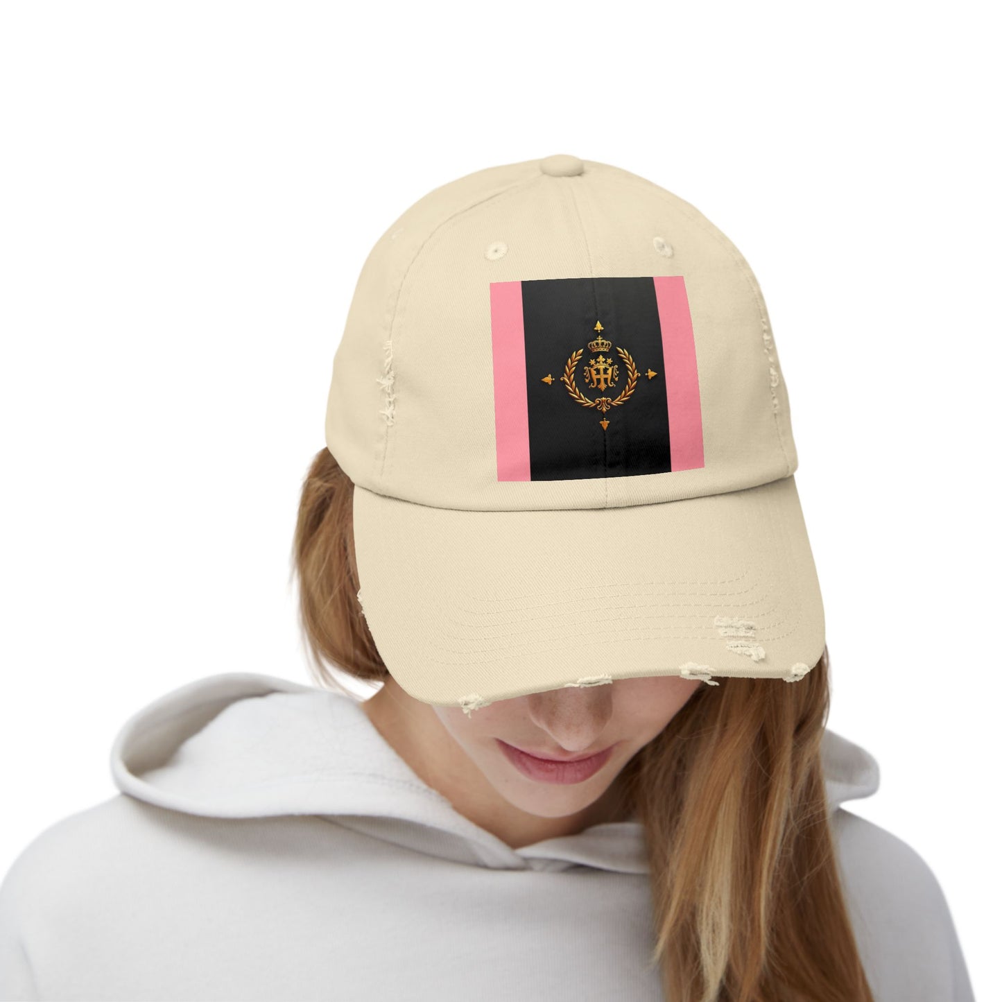 Stylish Unisex Distressed Cap with Trendy Design, Casual Accessories for Everyday Wear, Fashion Statement Cap - Pink Striped Gold Crest