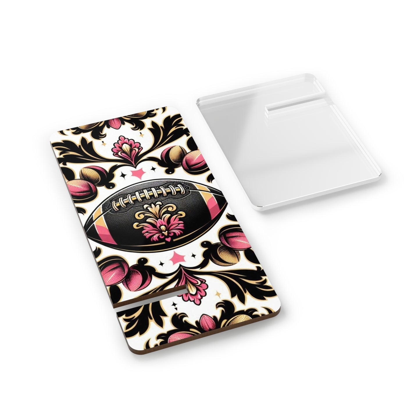Elegant Floral Motif Smartphone Display Stand - Damask Pink, Gold & Black Football - Decorative Mobile Holder