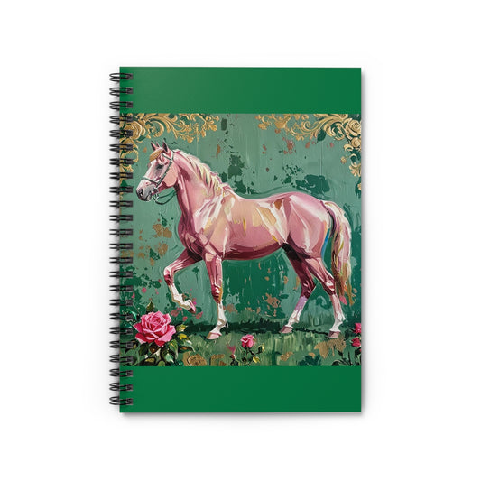 Elegant Vintage Spiral Notebook - Ruled Line with Pink Horse & Gold Damask