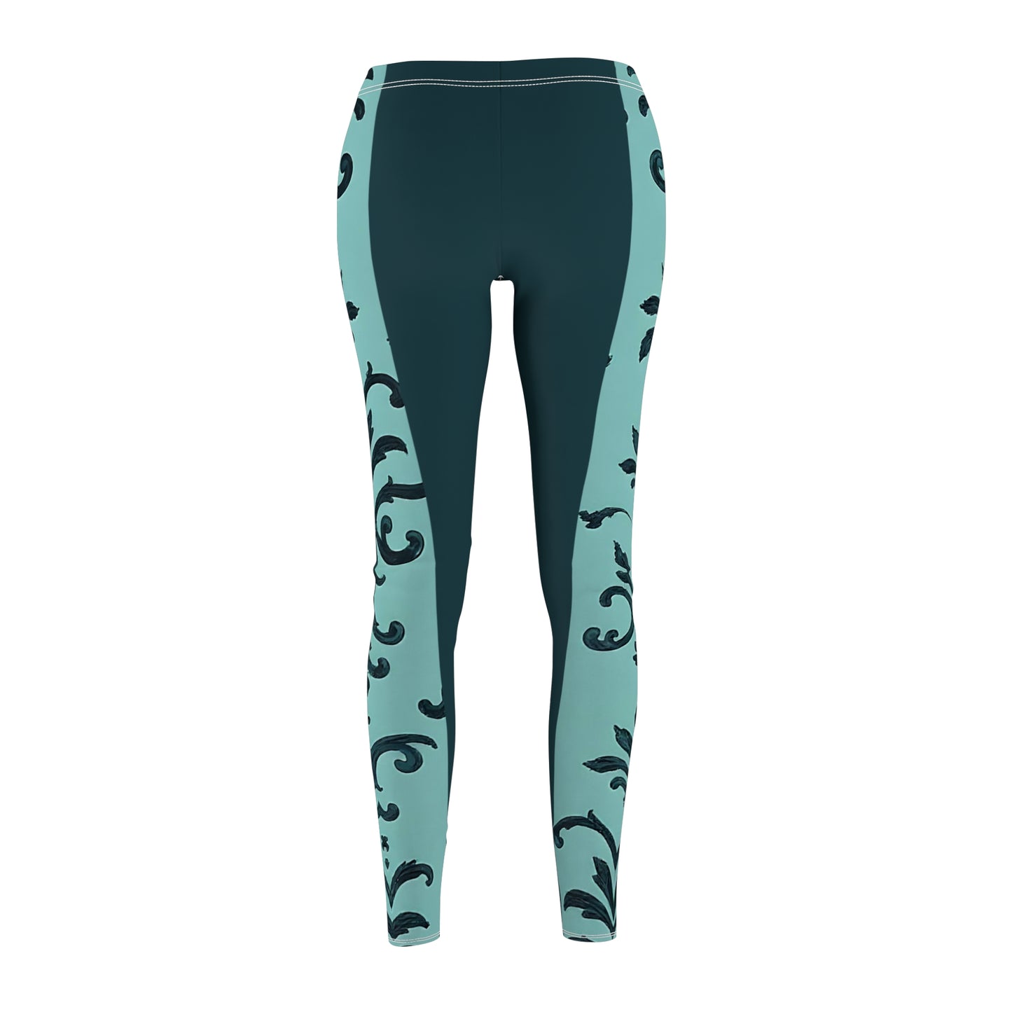 Elegant Floral Print Women's Leggings, Fashionable Activewear, Casual Yoga Leggings, Workout Pants, Gifts for Her - Teal Striped Rococo