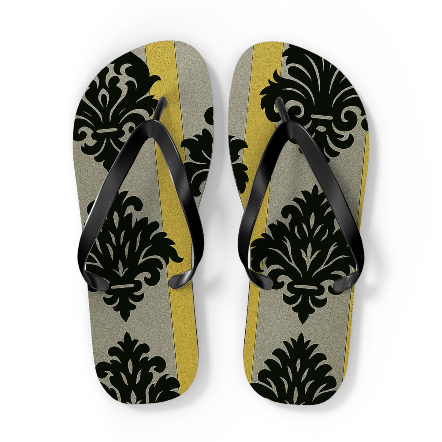 Stylish Flip Flops - Summer Sandals for Beach, Vacation, and Casual Wear - Silver & Gold Striped Black Baroque