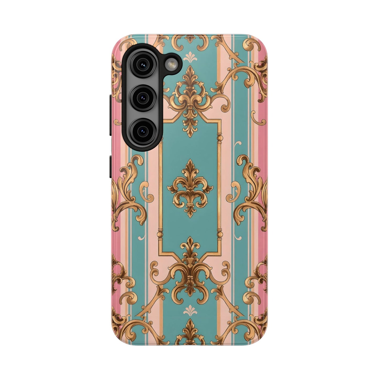 Elegant Floral Tough Phone Case, Artistic Phone Cover, Gift for Her, Chic Phone Accessory - Pink & Matte Turquoise Striped Rococo