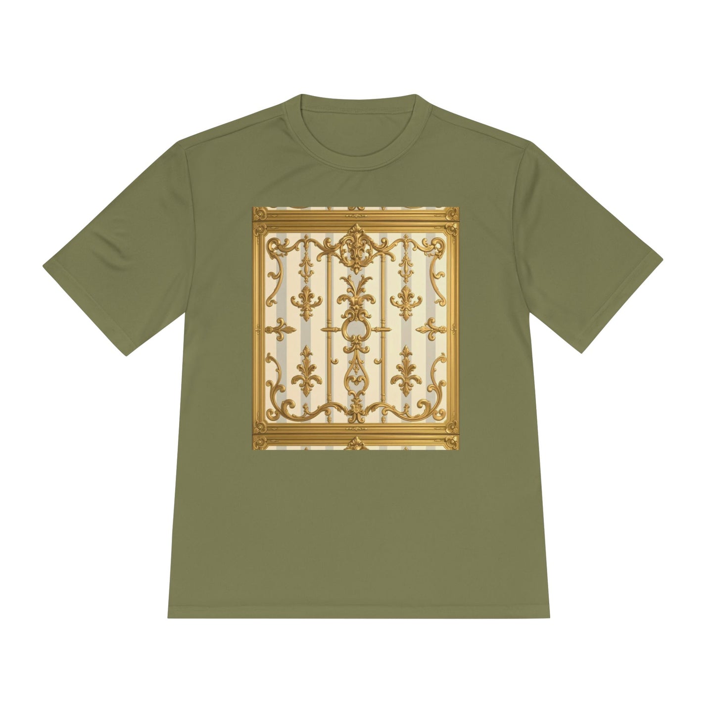 Elegant Gold Unisex Moisture Wicking Tee, Fashion Tee, Workout Shirt, Summer Style - Matte Gray & Cream Striped Gold Baroque