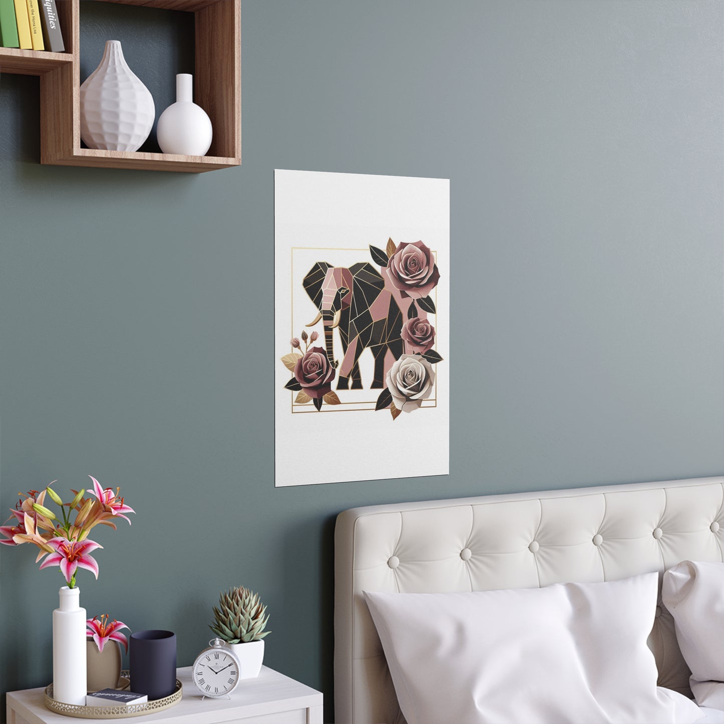 Elegant Floral Silk Poster - Indoor/Outdoor Wall Art for Home Decor - Brown & Mauve Elephant & Roses