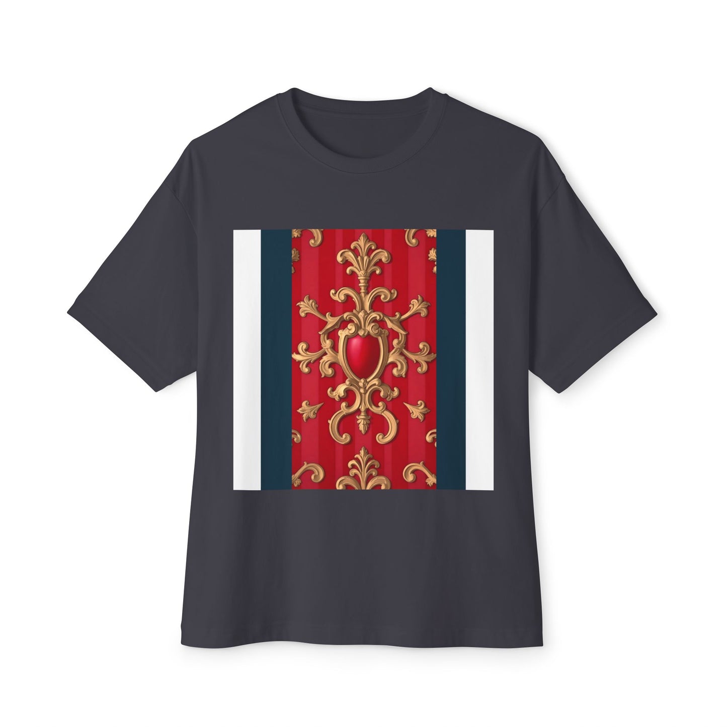 Elegant Vintage Design Oversized Tee, Boho T-Shirt, Festival Top, Unique Gift, Trendy Casual Wear - Blue, Red & White Striped Baroque