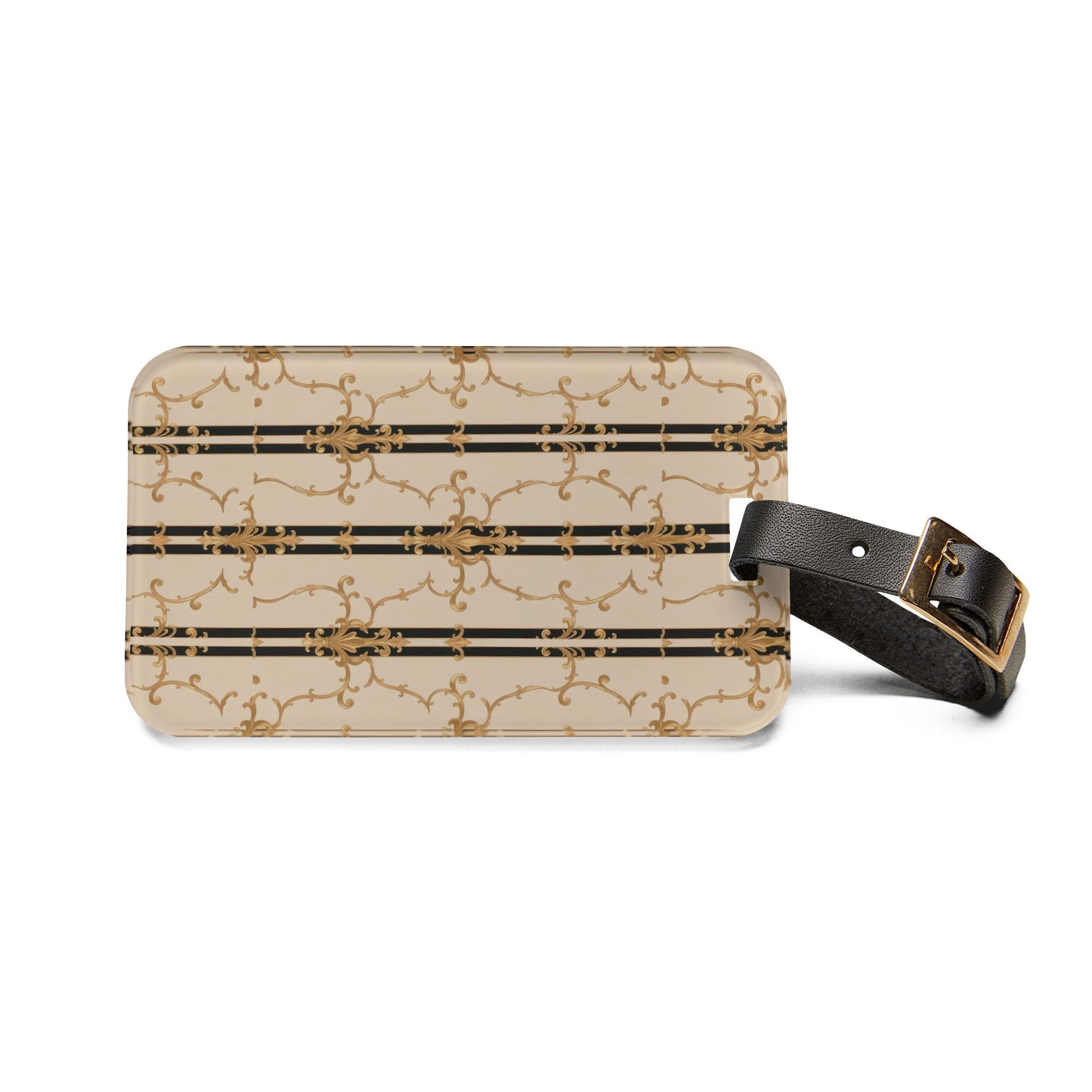 Chic Luggage Tag, Stylish Travel Accessory, Personalized Gift, Elegant Baggage Identifier - Black & Beige Striped Damask