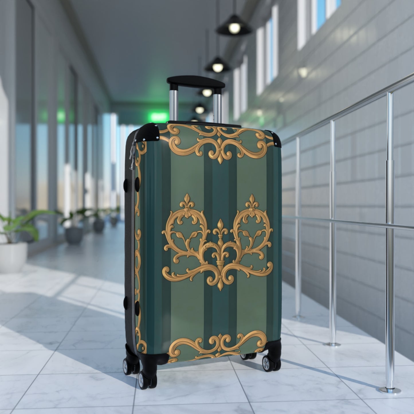 Vintage Floral Suitcase - Stylish Travel Luggage for Adventurers - Smoky Blue & Teal Striped Baroque